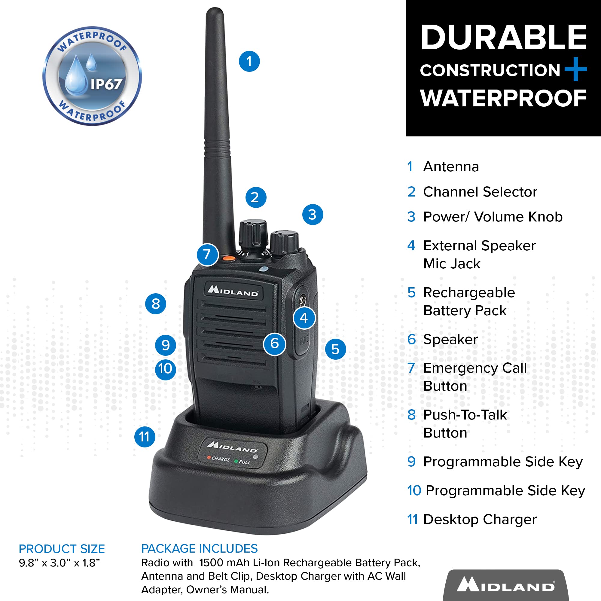 Midland � Mb400   Business Two Way Radio   Easy To Program   Long Range 16 Channels Coverage For Up To A 350,000 Square Foot Warehouse Construction Hospitality And Event Management   Ip67 Waterproof