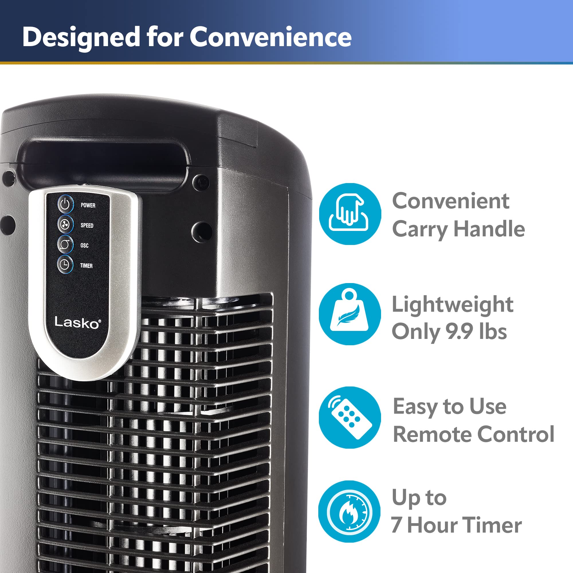 Lasko Oscillating Tower Fan, 3 Quiet Speeds, Timer, Remote Control, For Bedroom, Kitchen, Office, 36'', Black, 2511