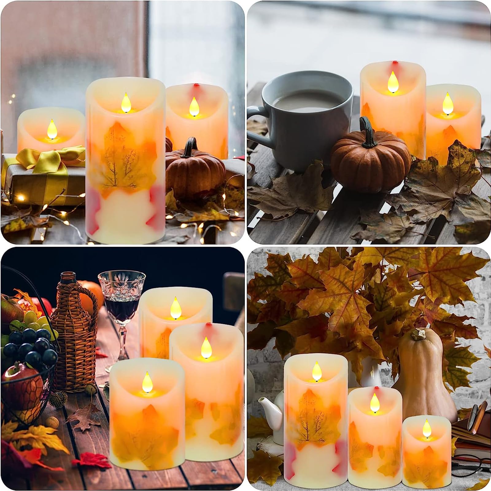 Aveki Led Candle Lights, 3 Pcs Flickering Flameless Maple Leaf Candle Lights With Remote & Timer Battery Operated Led Electric F