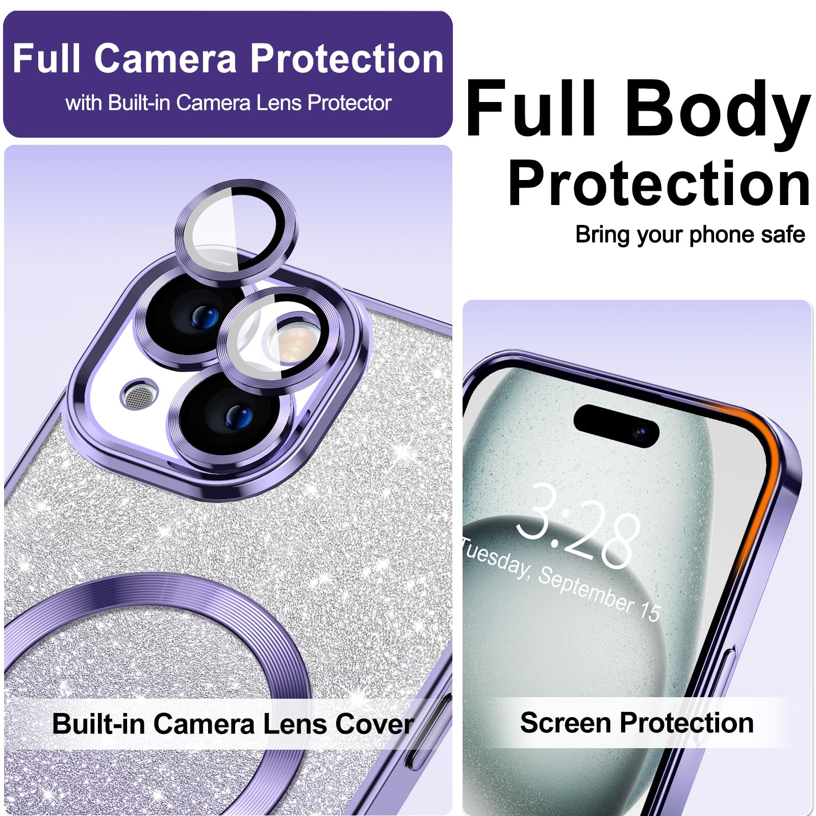 Hython For Iphone 15 Plus Case Clear Magnetic Glitter Phone Cases [Compatible With Magsafe] Full Camera Lens Protector Slim Grad