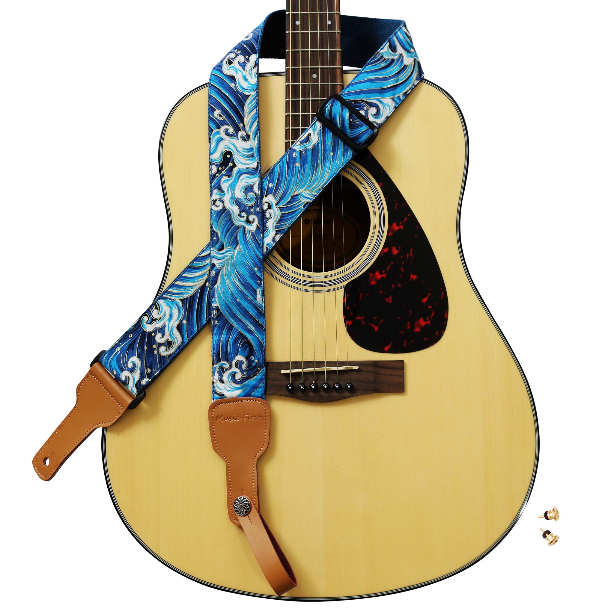 MUSIC FIRST Original Design, 2 inch width (5cm), Ukiyoe Style Tsunami Waves    Soft Muslin & Genuine Leather Delux Guitar Strap,