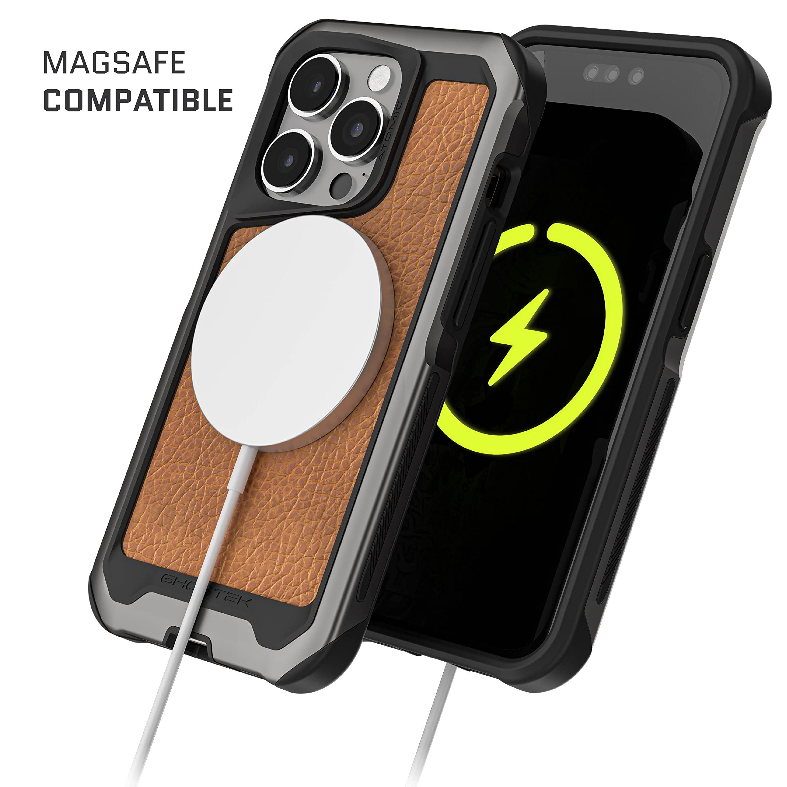 Ghostek Atomic Slim Leather Magsafe Iphone 14 Plus Case With Gunmetal Aluminum Metal Bumper Shockproof Heavy Duty Protection Cov