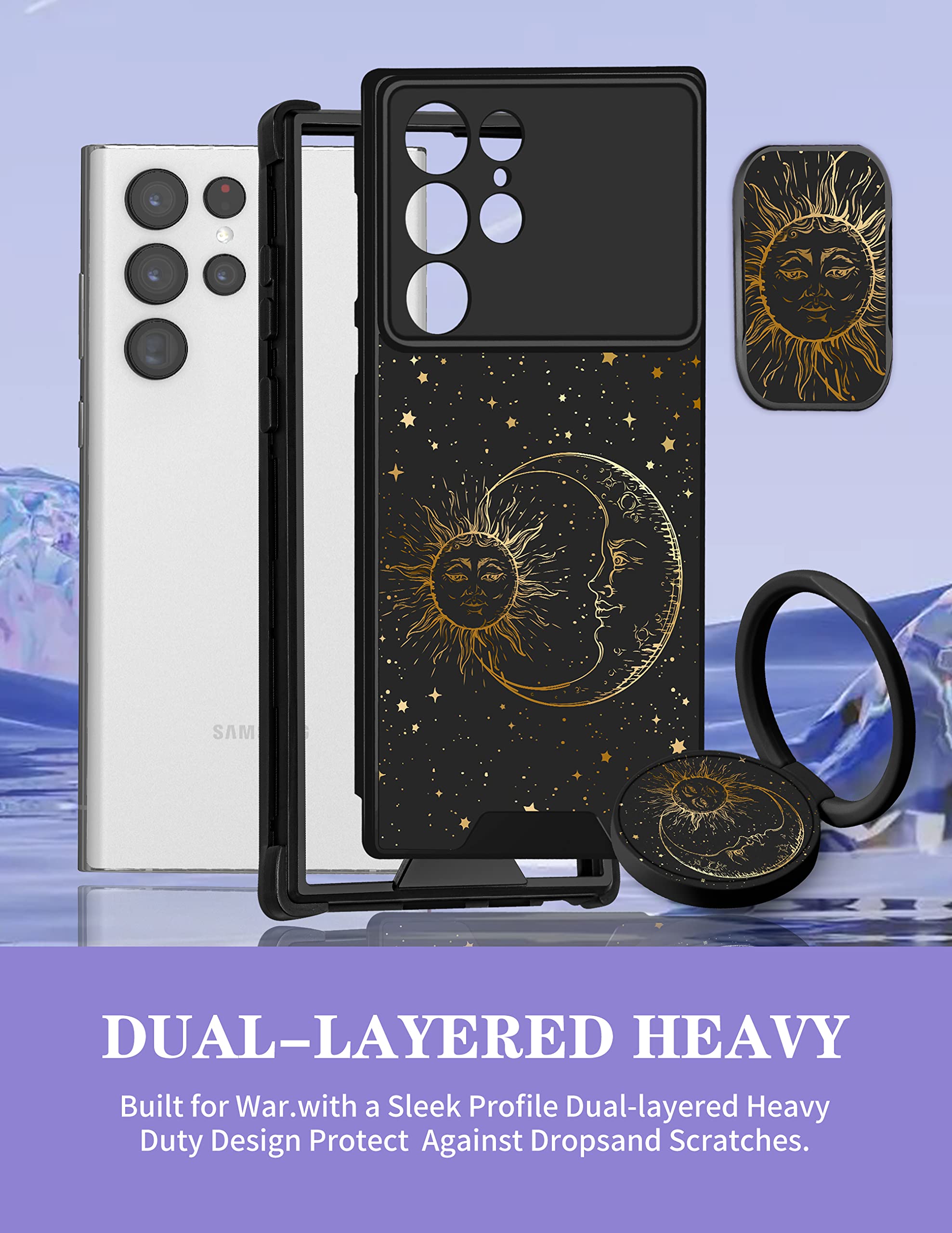 Goocrux (2In1 For Samsung Galaxy S22 Ultra Case Sun Moon Stars For Women Girls Cute Phone Cover Fashion Golden Star Print Patter