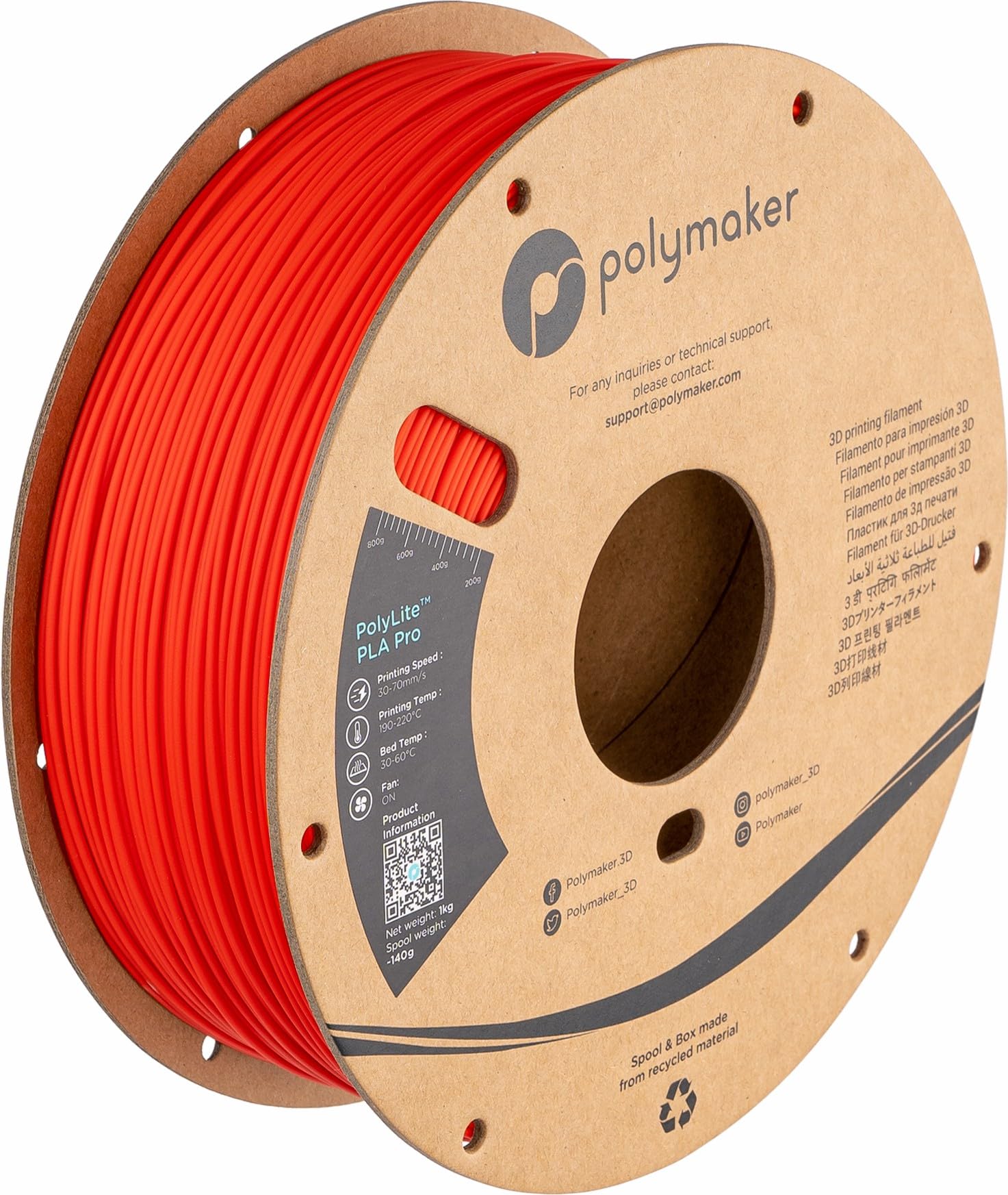 Polymaker PLA PRO Filament 1.75mm 1kg, Tough & High Rigidity Red 3D Printing Filament, PolyLite PLA PRO 3D Printer Filament 1.75