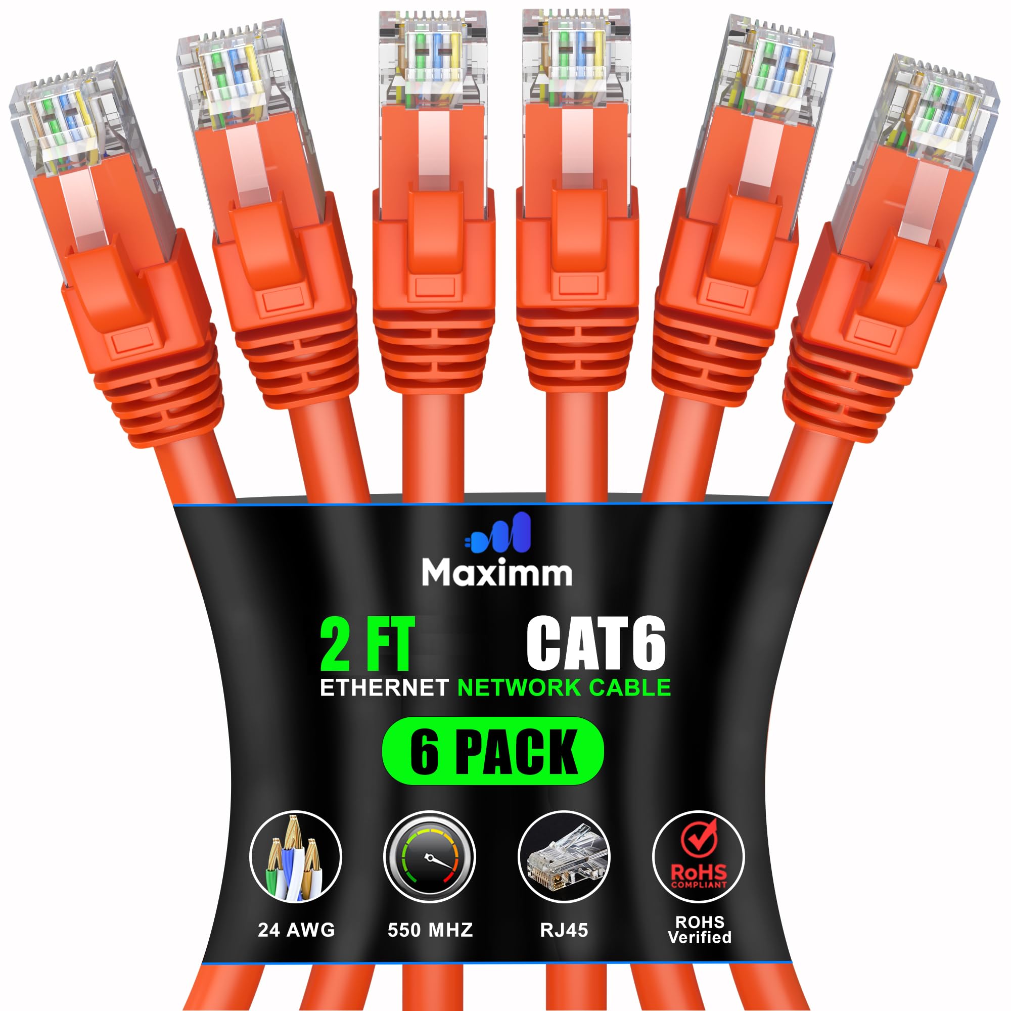 Maximm Cat 6 Ethernet Cable 2 Ft (6 Pack)   High Speed Lan Cable, Internet Cable, Patch Cable, And Network Cable   Utp, 10Gbps, 550Mhz Ethernet Cord   Orange