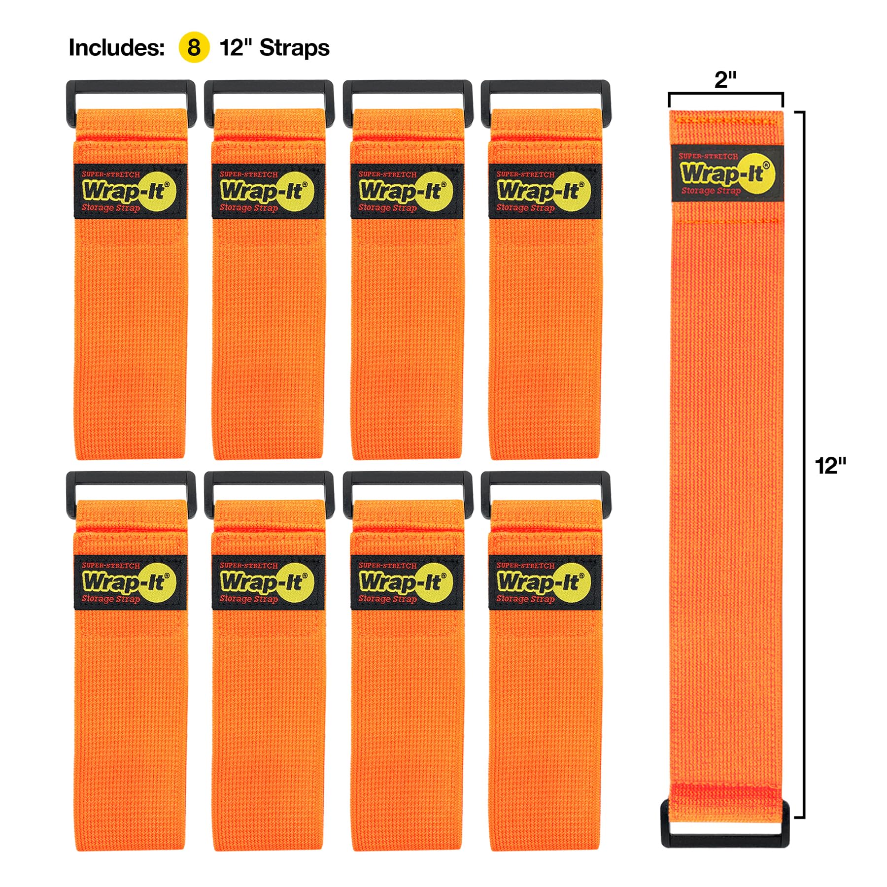 Super Stretch Wrap It Storage Straps   (8) 12'' Orange   Elastic Hook And Loop Cinch Straps   Extension Cord Organizer, Hose And