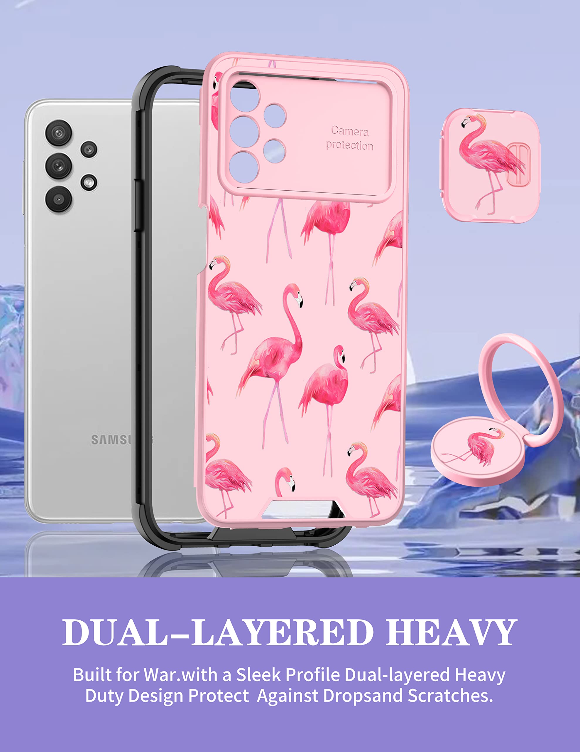 Goocrux (2In1 For Samsung Galaxy A32 5G Case Flamingo Women Girls Cute Girly Phone Cover Flamingos Birds Design With Slide Camer