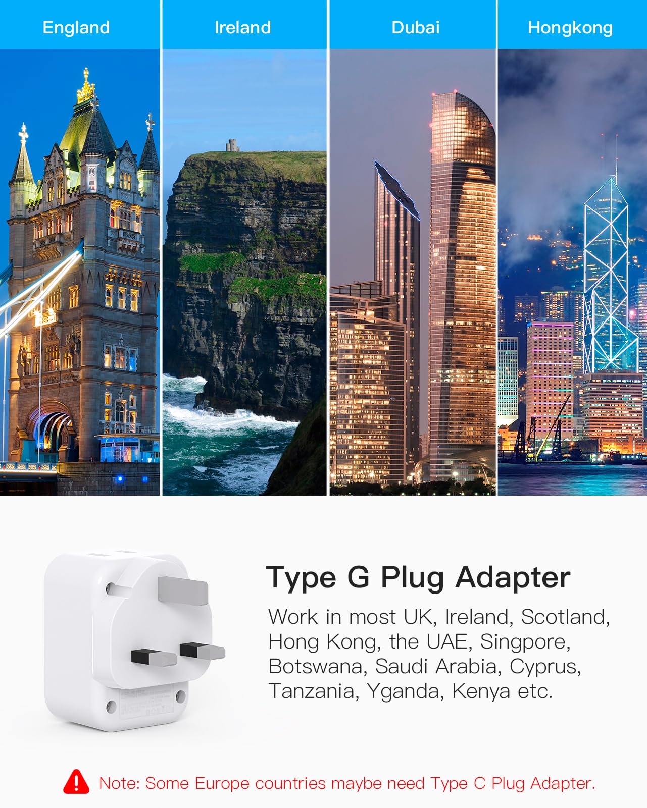 Us To Uk Ireland Travel Plug Adapter, Type G Travel Adapter With 2 Outlets 3 Usb Ports(2Usb C), Uk Power Adapter Converter For U