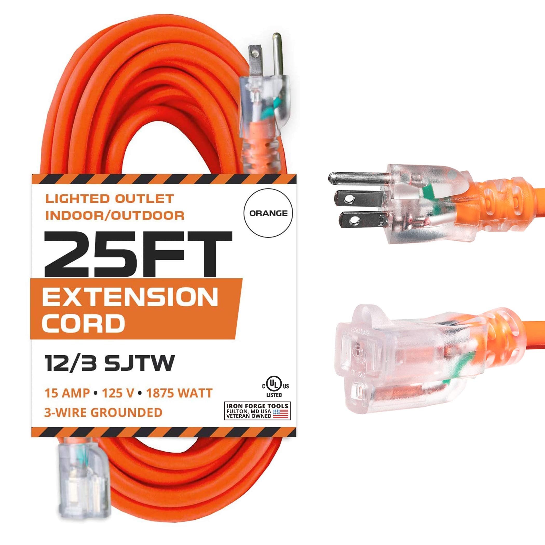 Iron Forge Cable 12 Gauge Extension Cord 25 Ft Lighted End   12 Awg Heavy Duty Cord With 3 Prong, Industrial Grade Orange Outdoo