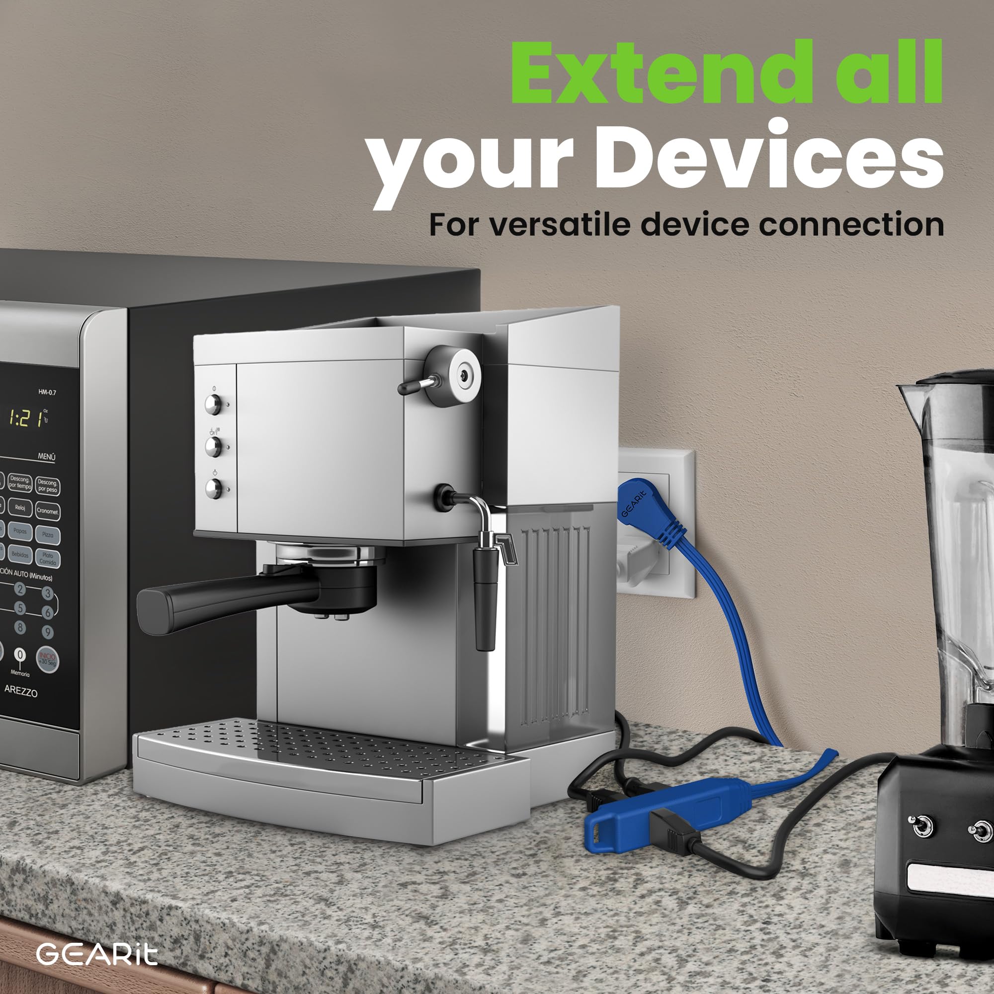 Gearit 360 Rotating Flat Plug Extension Cord With 3 Outlets (20Ft, Navy) 16Awg/13A 3 Prong Wire, Outlet Saver For Home Office Do