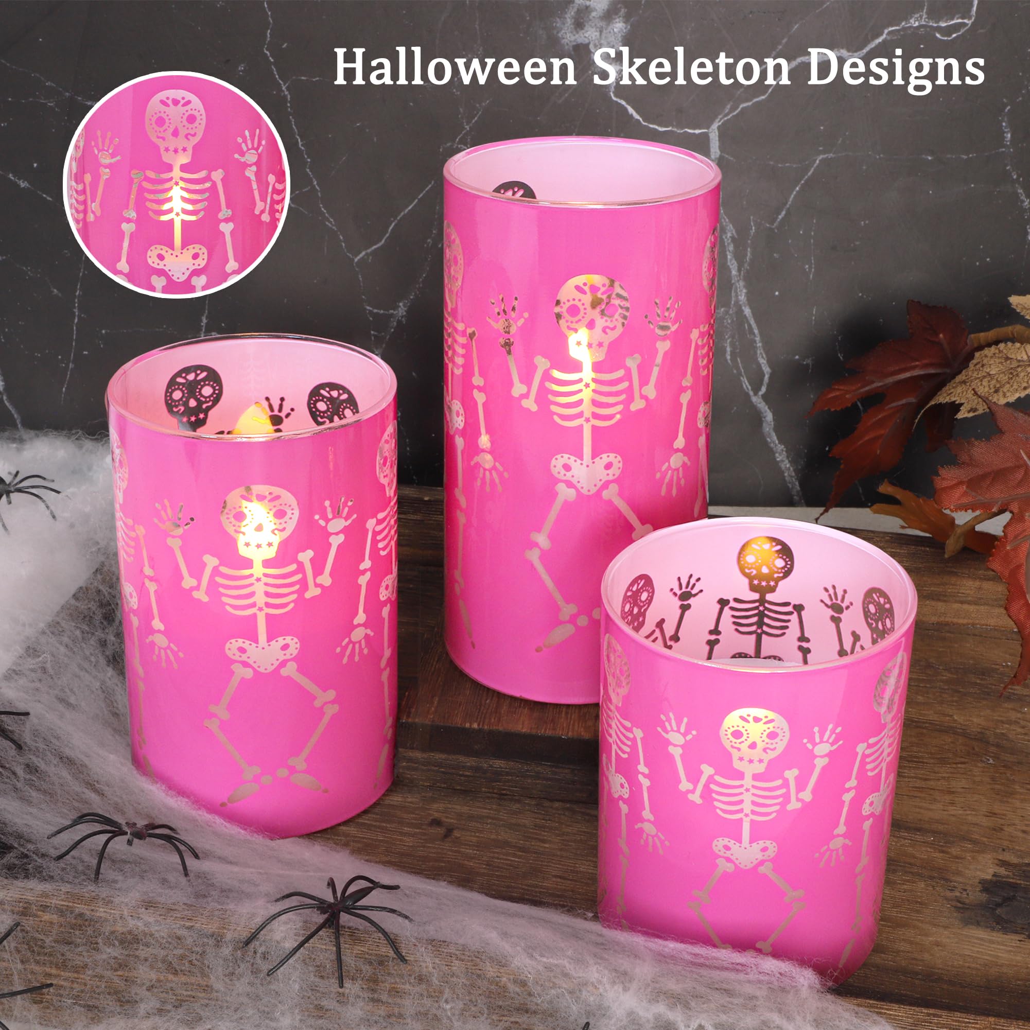 Flavcharm Glass Flameless Candles Halloween Gothic Decor Battery Operated Electric Flickering Candles With Remote Control Pink F