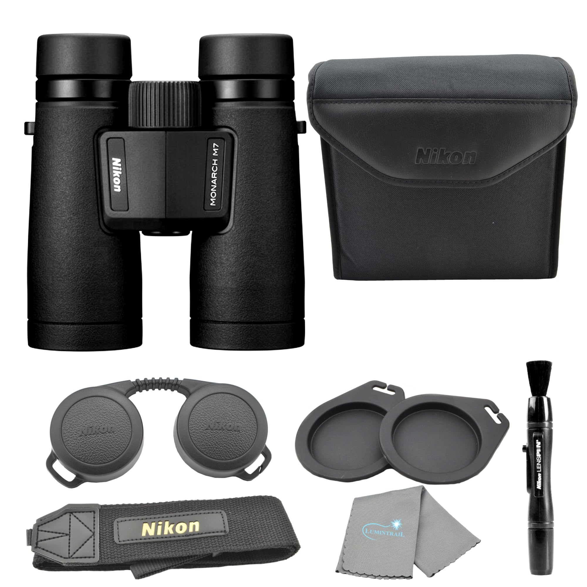 Nikon Monarch M7 10x42 (16766) Black Binoculars Bundle with Lens Pen and Cleaning Cloth, Compact Binoculars for Adults for Hunti