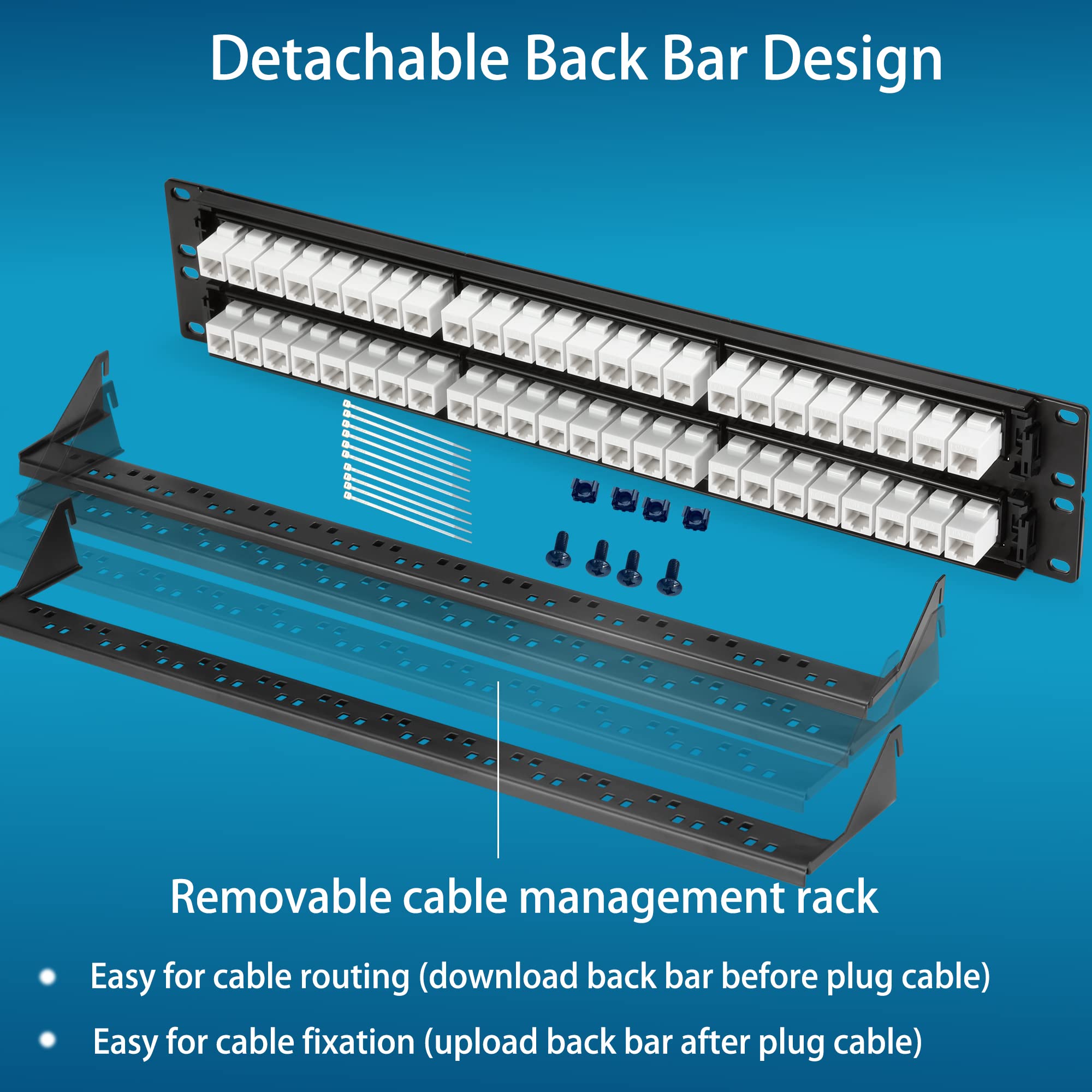Rapink Patch Panel 48 Port Cat6 With White Inline Keystone 10G Support, Pass Thru Coupler Patch Panel Utp 19 Inch With Removable Back Bar, 1U Network Patch Panel For Cat6, Cat5E, Cat5 Cabling