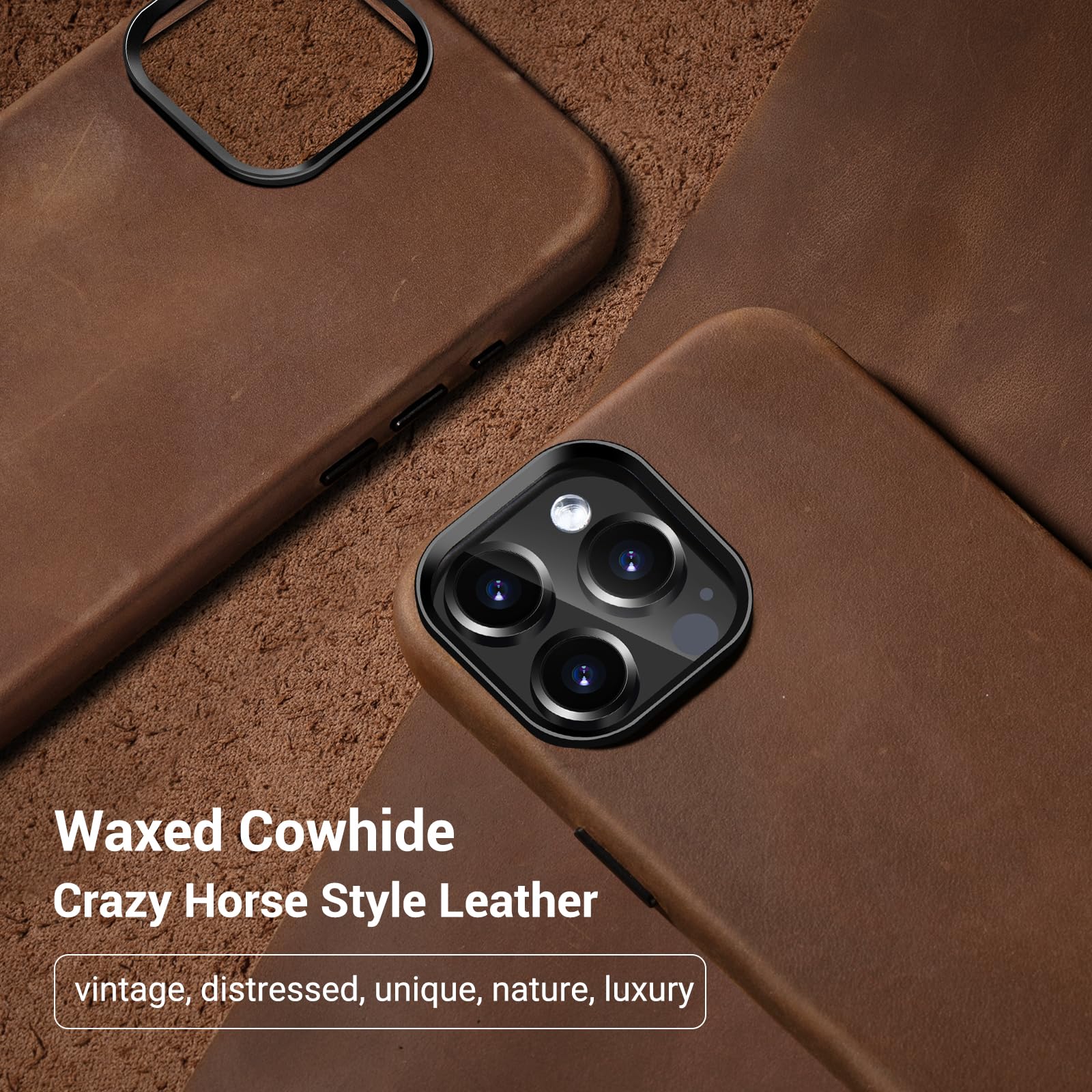 Belemay Compatible With Iphone 15 Pro Max Leather Case Magsafe-Top Grain Vintage Crazy Horse Leather-Metal Buttons Camera Bezel-