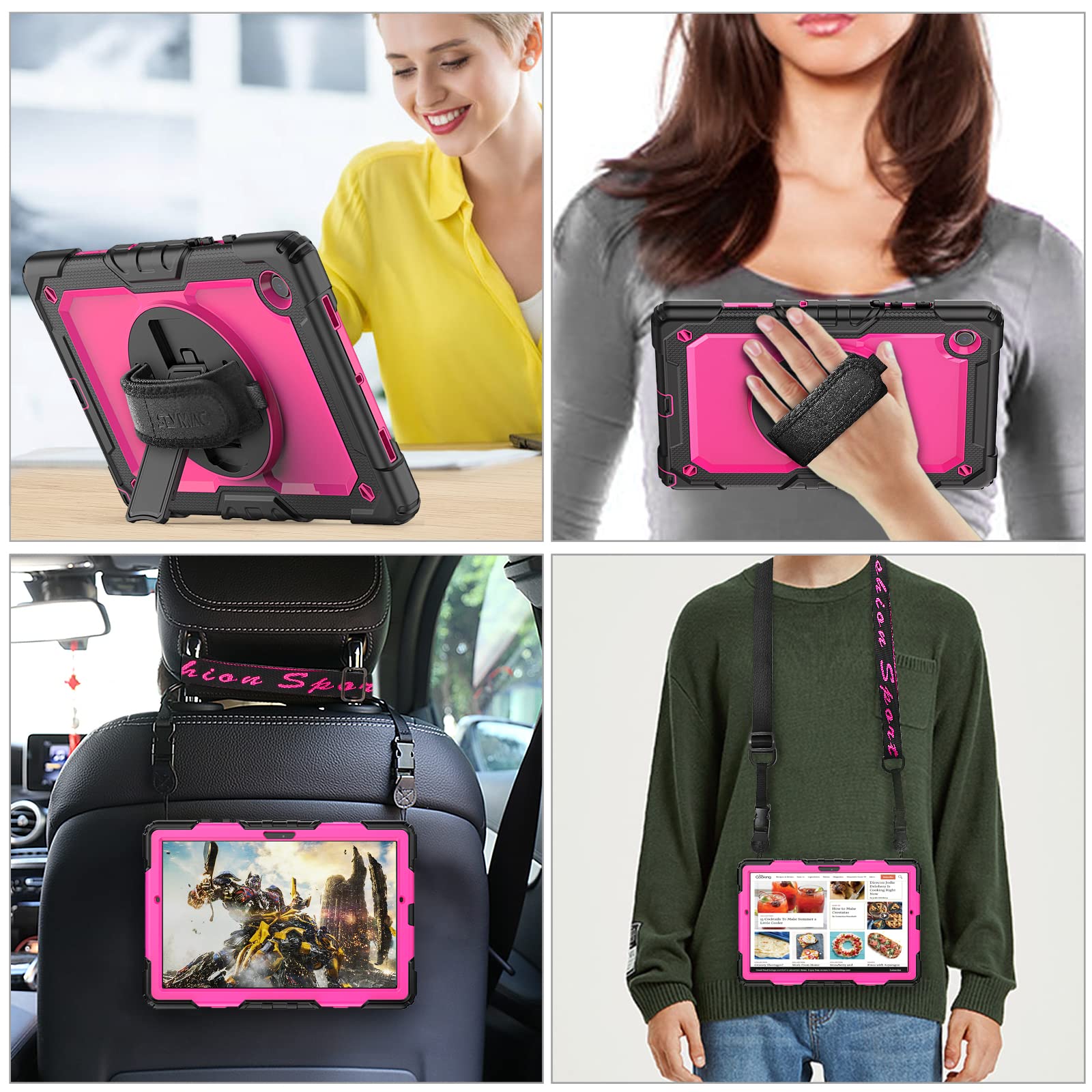 Seymac Stock 360 Hand Strap Shockproof Case For Samsung Galaxy Tab A8 10.5 Inch, Pink+Black