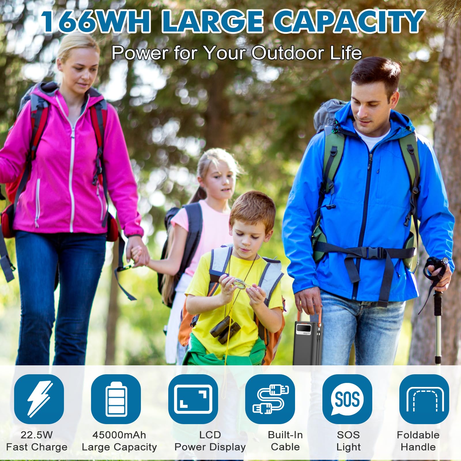 Portable Power Station 166Wh, 22.5W Fast Charging Power Bank With Built-In Cables For Iphone/Android/Macbook, 45000Mah Battery S