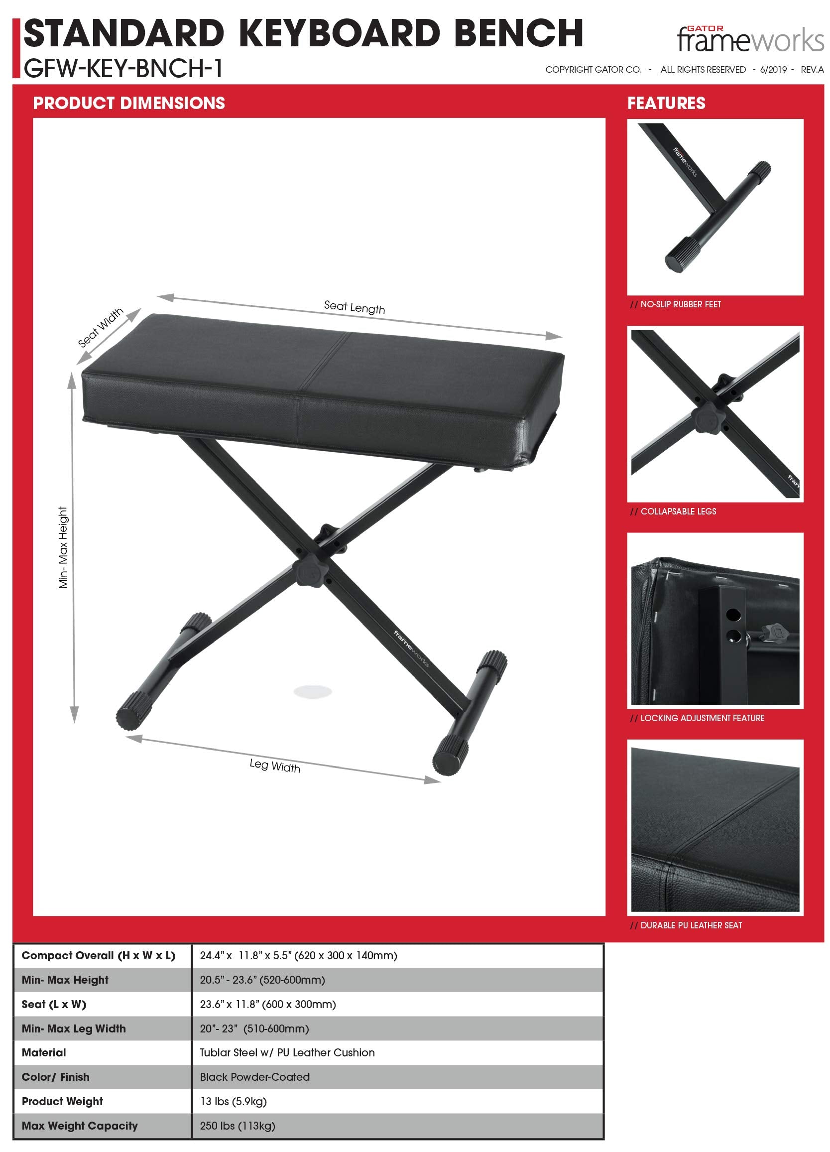 Gator Frameworks Adjustable X Frame Style Keyboard Bench; (Gfw Key Bnch 1) , Black