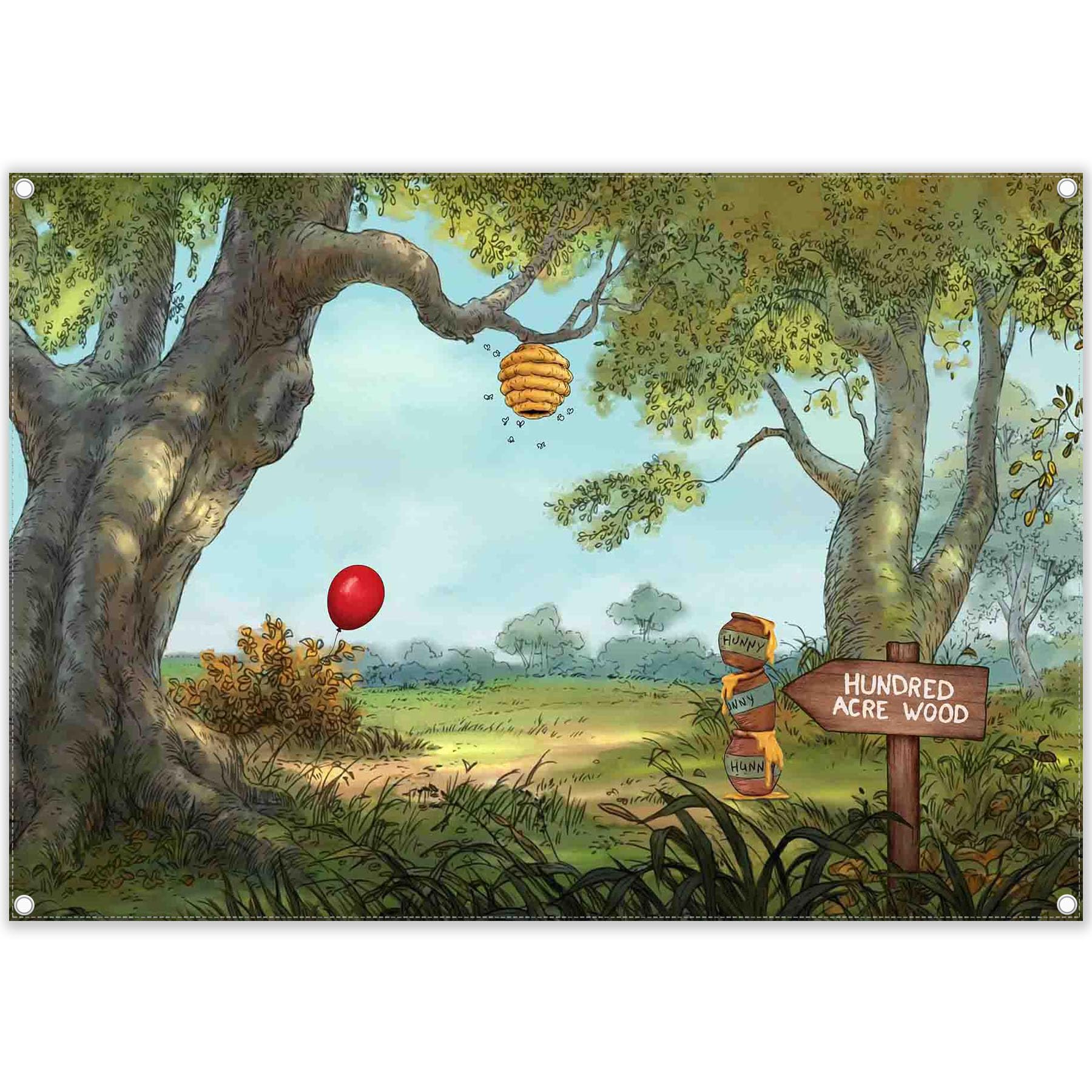Yriujul 7X5Ft Fabric Hunny Cartoon Spring Forest Photography Backdrop Hundred Sweet Honey Bear Background Bee Acre Red Balloon W