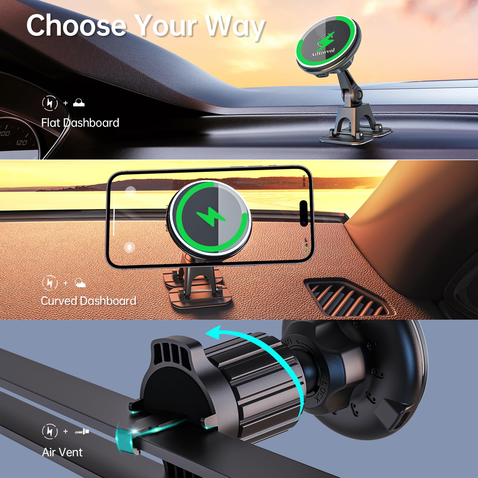 Aihiwvol For Qi2 15W Magsafe Car Mount Charger, Heat Restriction Charging, 360 Adjustable And Foldable Phone Holder Charger For