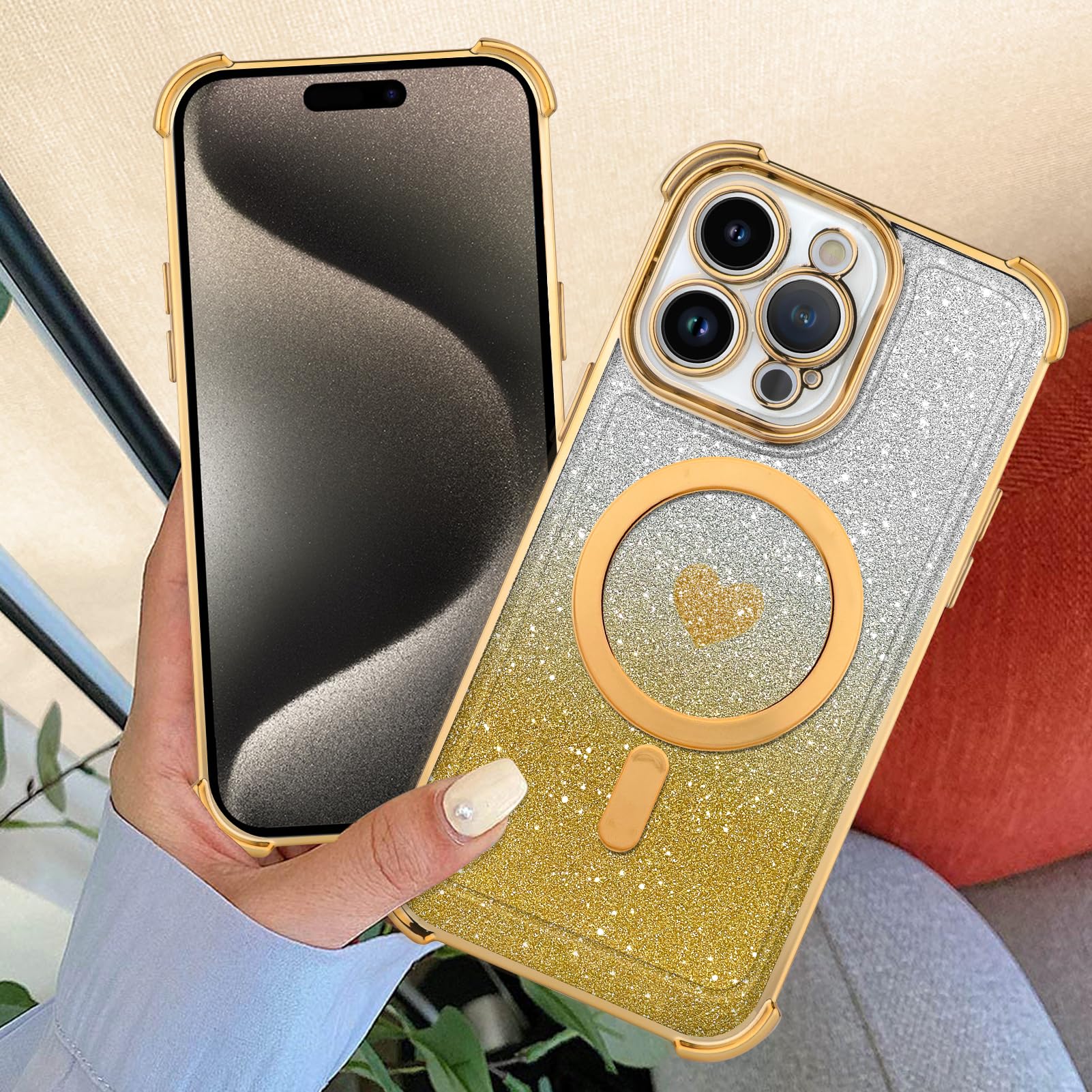 Tharlet Magnetic For Iphone 15 Pro Case [Compatible With Magsafe] Glitter Cute Love Luxury Plating Plating Bling Clear Phone Cas