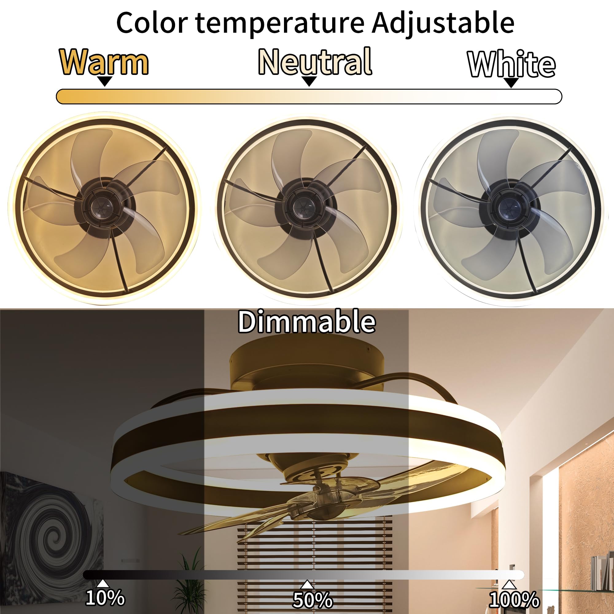 360 Oscillating Low Profile Ceiling Fan With Light(Ventilador De Techo Con Luz),Rotating Remote And App Bluetooth Control,Modern