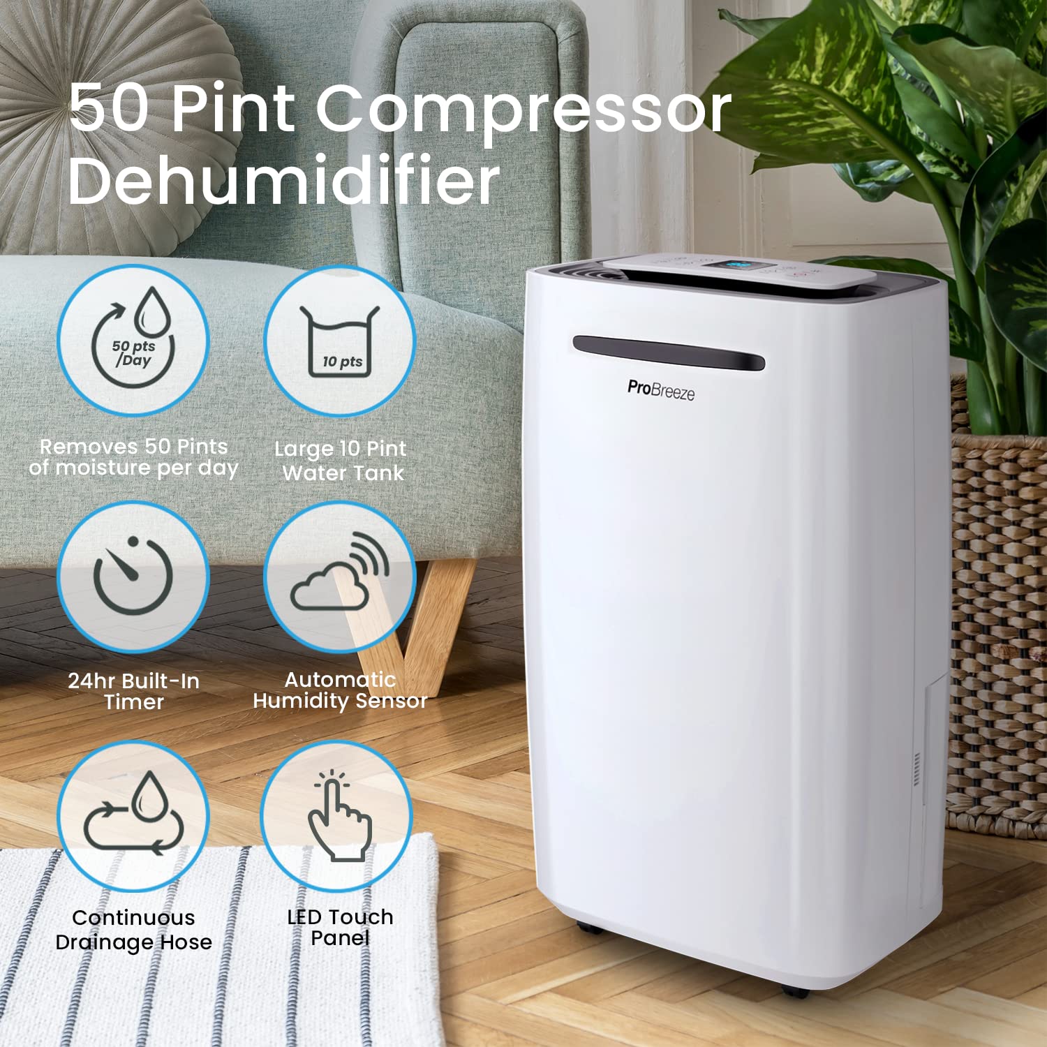 Pro Breeze 50 Pint Dehumidifier for Large Rooms & Basements, White, PB-D-23, Auto Shut Off, Humidity Sensor, Continuous Drainage