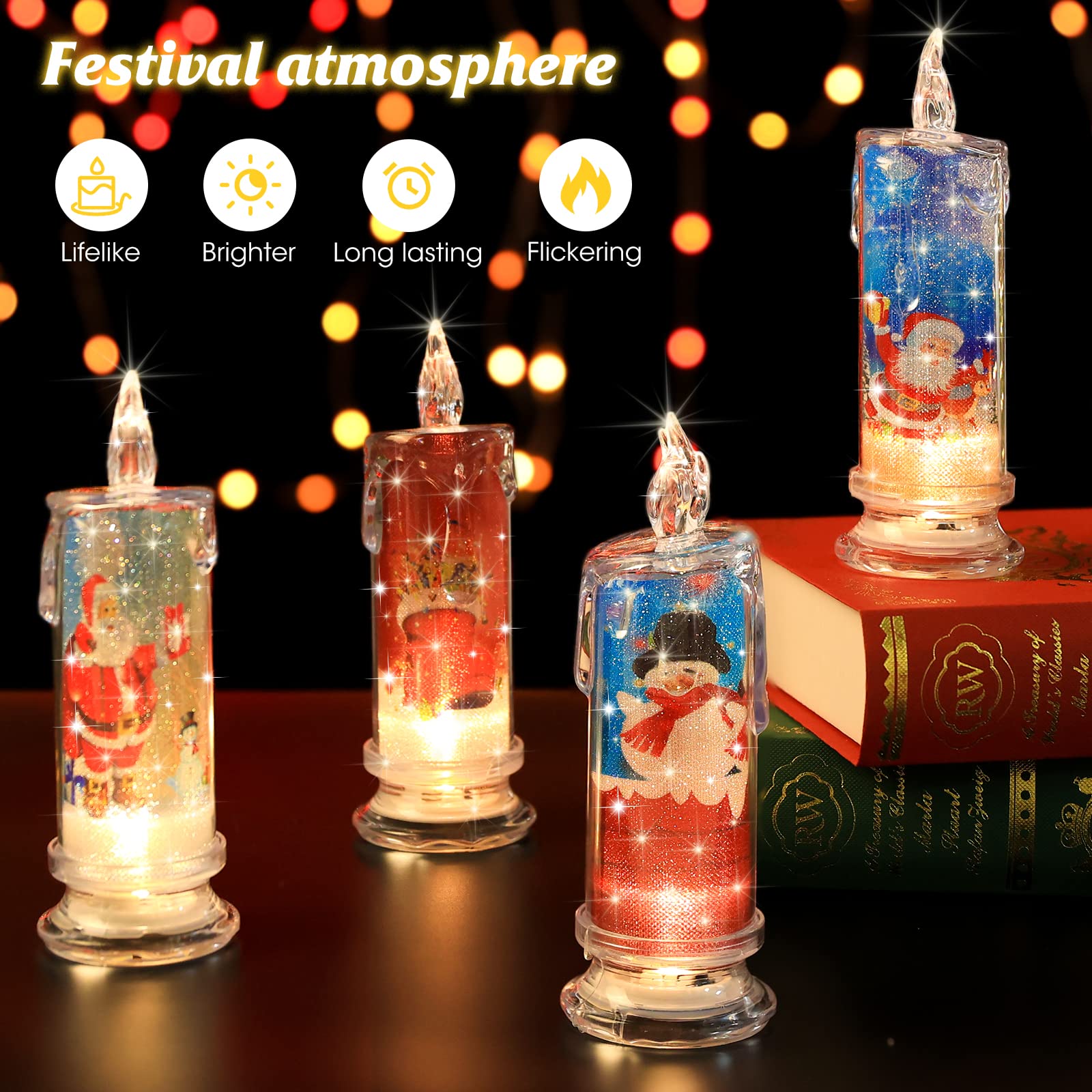 Supbri Christmas Flameless Candles With Santa Claus, Snowman,Decals Set Of 4, Battery Operated Christmas Themed Led Candles For