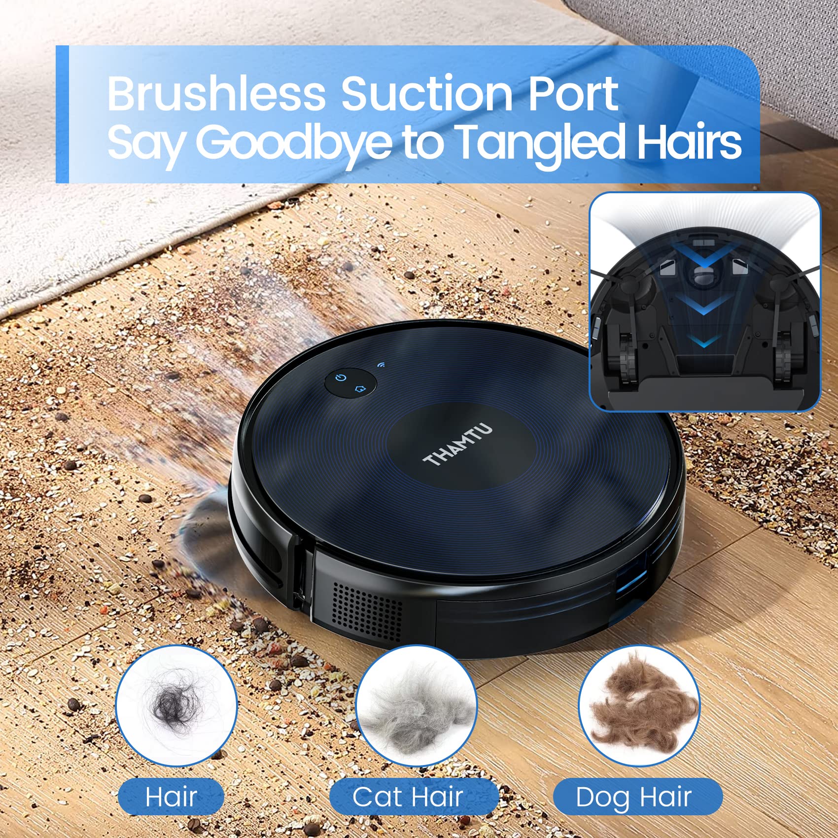 Thamtu Robot Vacuum And Mop Combo, 130Min Runtime, App&Voice Control, Ultra Thin, Tangle Free, Self Charging Robotic Vacuum Clea