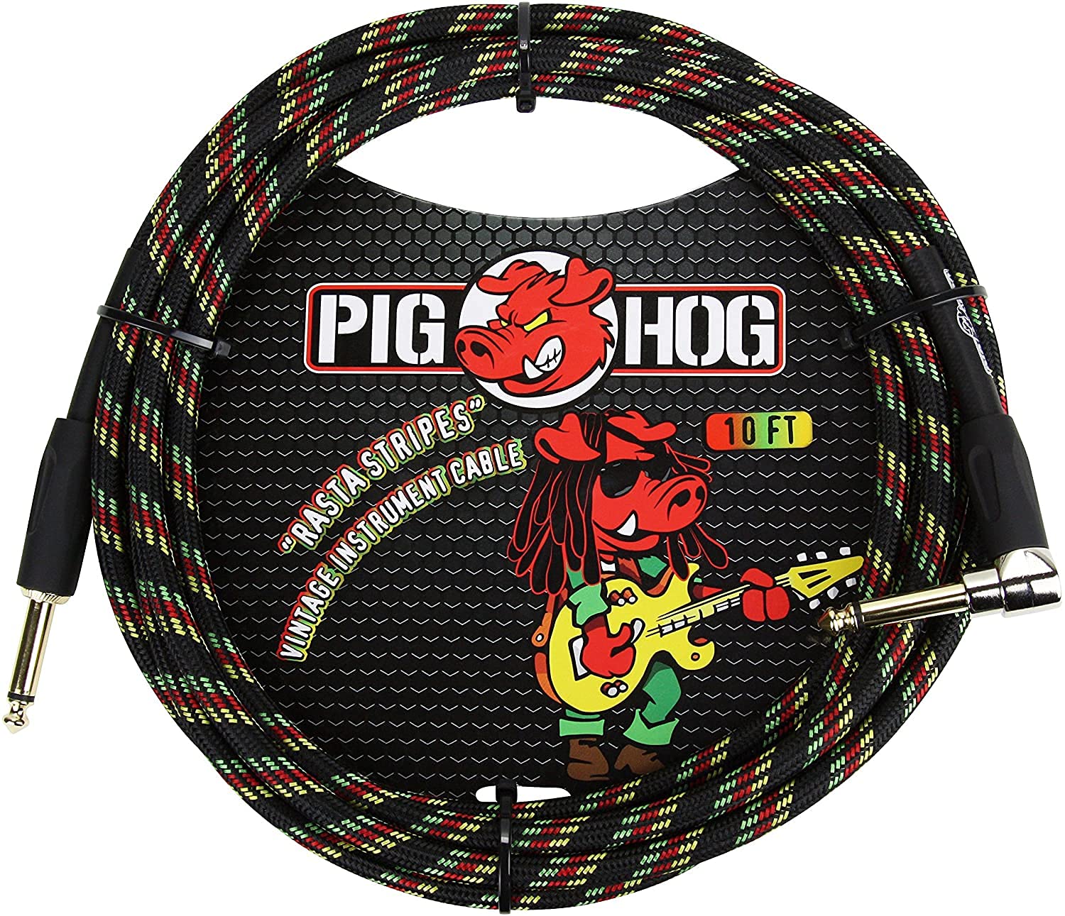 Pig Hog ''Rasta Stripes'' Woven Jacket Tour Grade Instrument Cable, 10-foot Right Angle