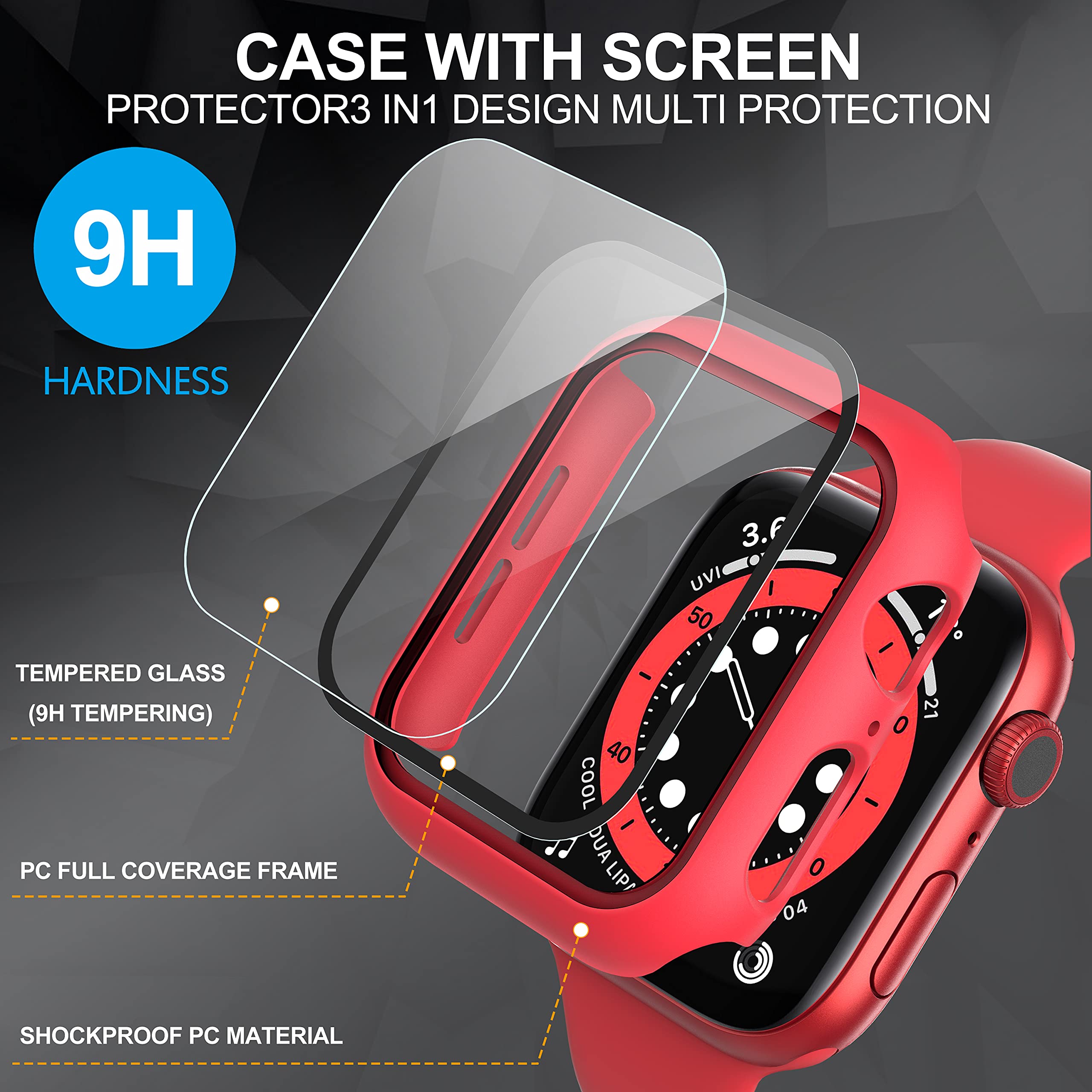 Diruite Apple Watch Series 7 45Mm Case, 2 Pack Tempered Glass Screen Protector, Red