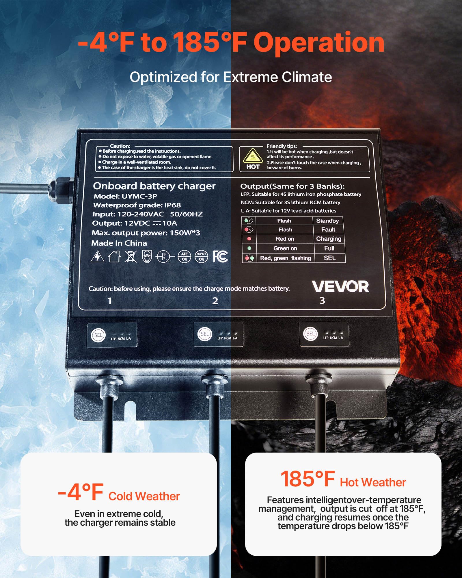 Vevor Marine Battery Charger, 3-Bank, 10A X 3, 12V Onboard Battery Charger, Ip68 Waterproof Smart Boat Charger, For Lithium-Ion