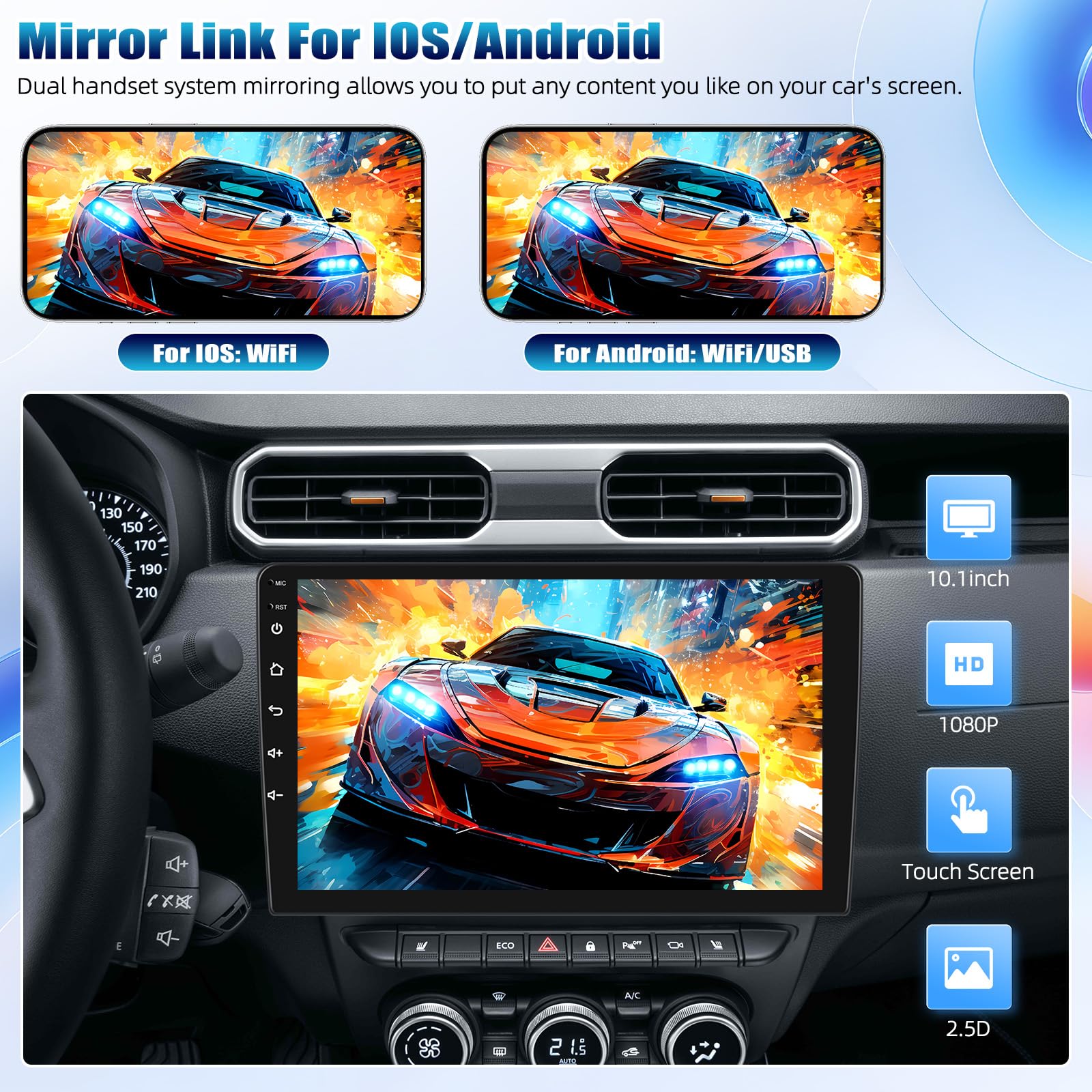 10.1Inch 2.5D Hd Double Din Car Stereo Radio Receiver, Android Touch Screen Mp5 Multimedia, Support Gps Navigation Bluetooth Fm