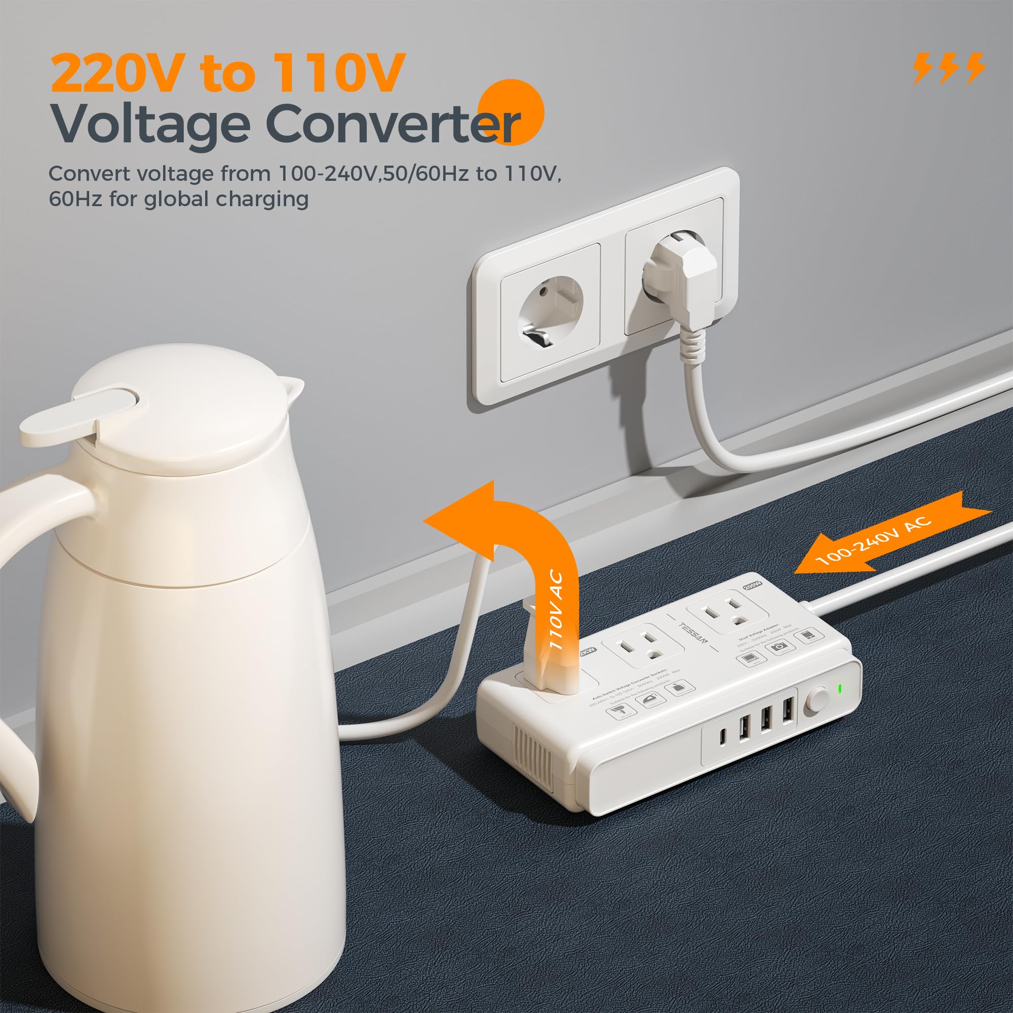 220V To 110V Voltage Converter, Tessan Universal Travel Adapter With 4 Usb Charger (1 Usb C), 3 Ac Sockets And Eu/Uk/Au/It Plug