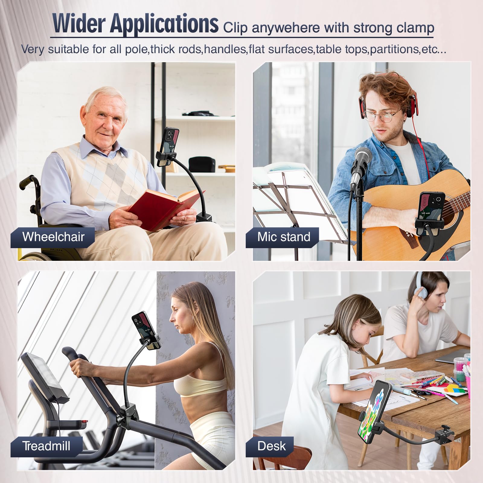 Clip Phone Holder For Desk,Pole,Pipe,Boom,Flat Surface With Adjustable Aluminium Arm Phone Clamp Mount For Mic Stand,Treadmill C