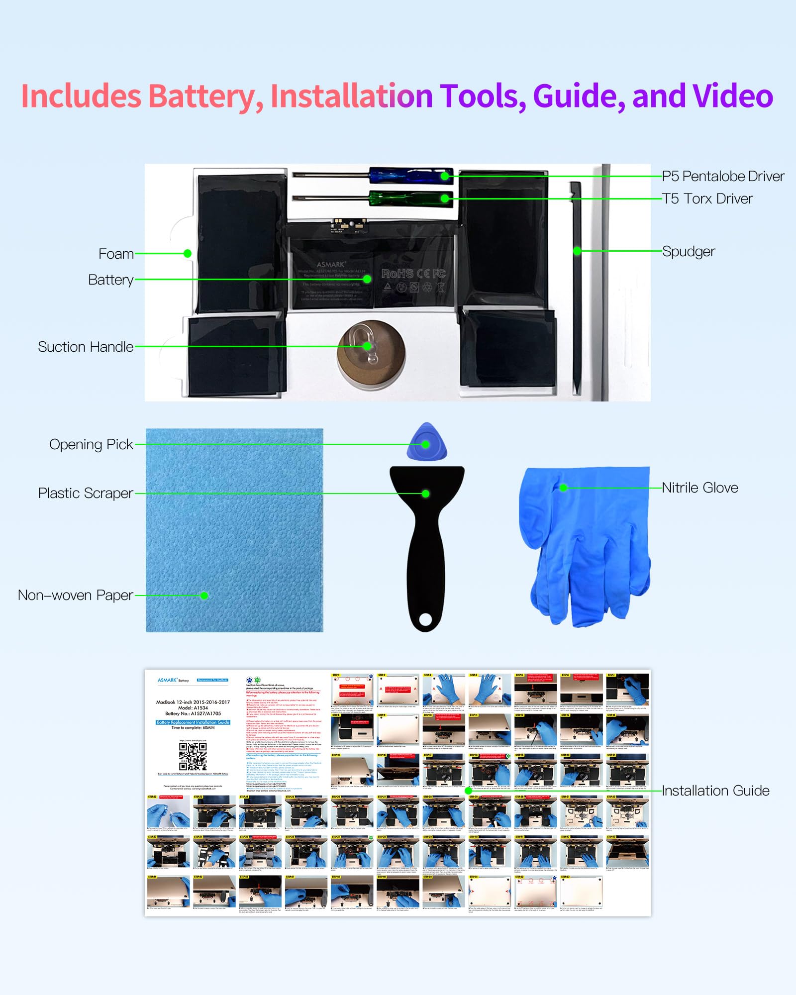 Asmark Battery Replacement For Macbook A1534 (2015, 2016, 2017) 12 Inch A1527/A1705 Battery
