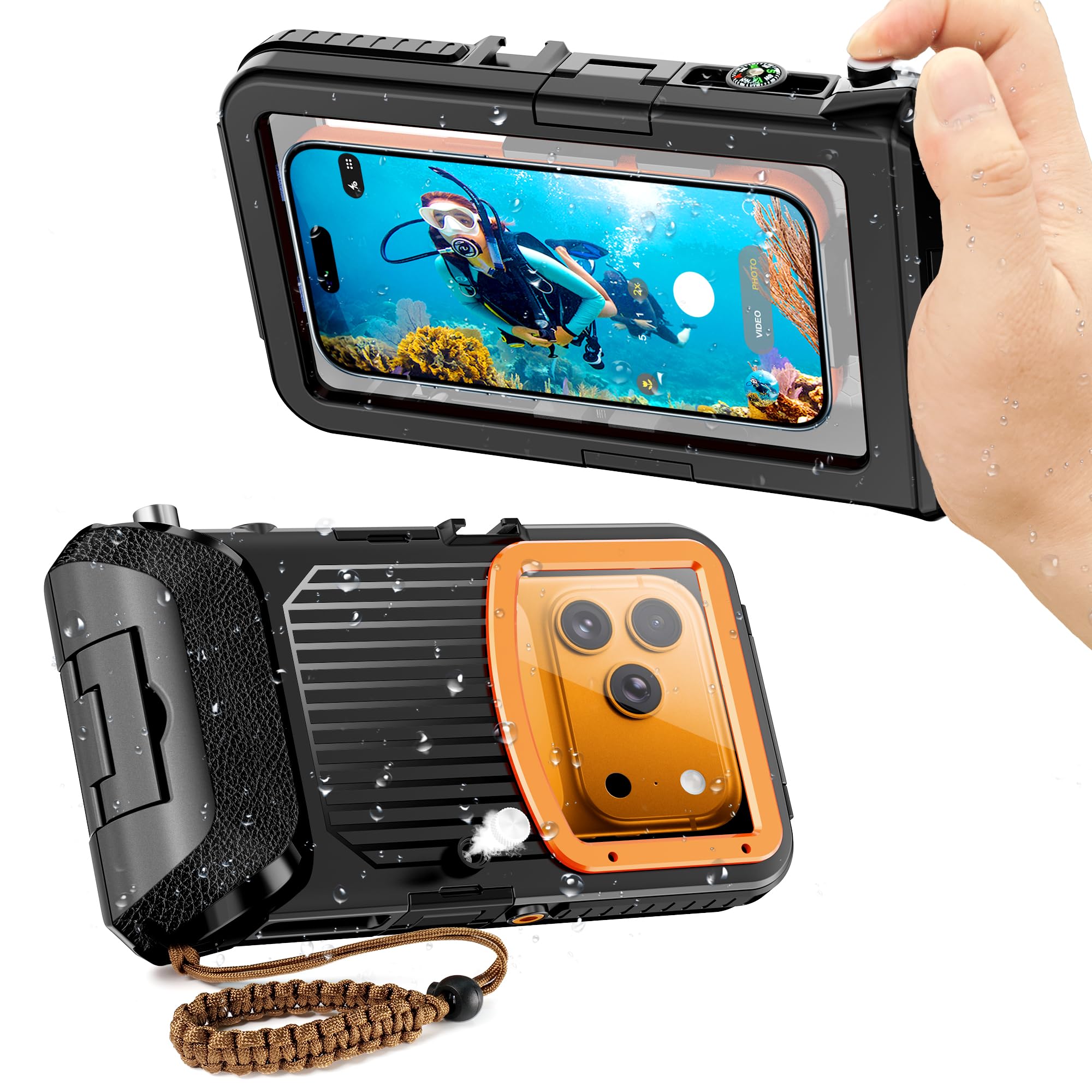 Underwater Diving Waterproof Case for iPhone 17 / 16 / 15 / 14 Series, Aluminum Alloy Phone Housing with Clear Lens, for Snorkel