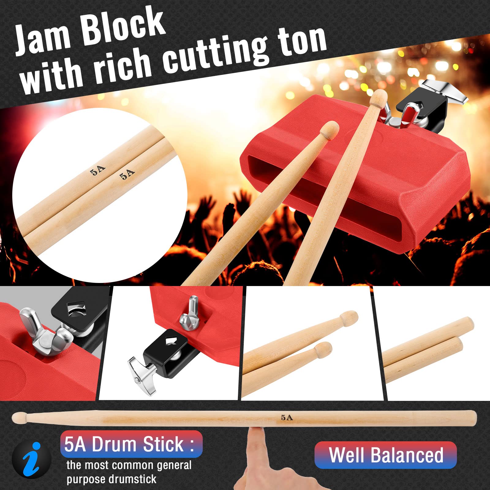 Boao 6 Pieces Drum Jam Block Musical Percussion Block With Maple Sticks 5A Adjustable Mount Bracket Plastic Percussion Instrumen