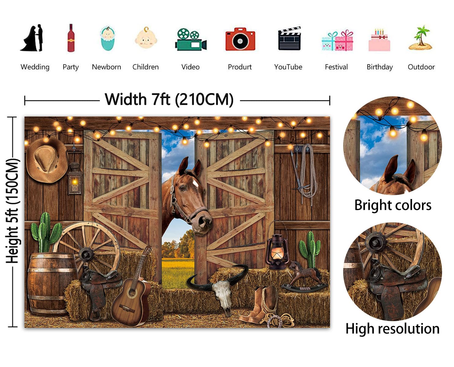 Pgsweer 7X5Ft Western Cowboy Backdrop Cowboys Horse Photography Background Rustic Wooden Barn House Western Party Decorations Ba