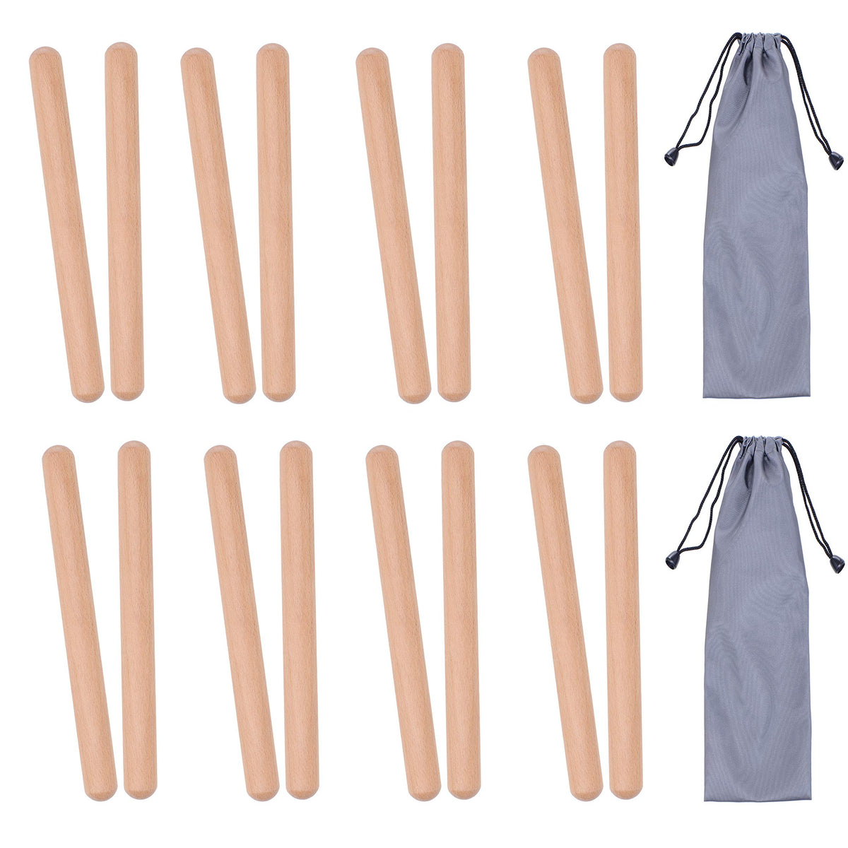 8 Pairs (16 Packs) Classical Wood Claves Musical Percussion Instrument, 8 Inch Natural Hardwood Rhythm Sticks With 2 Carry Bags 