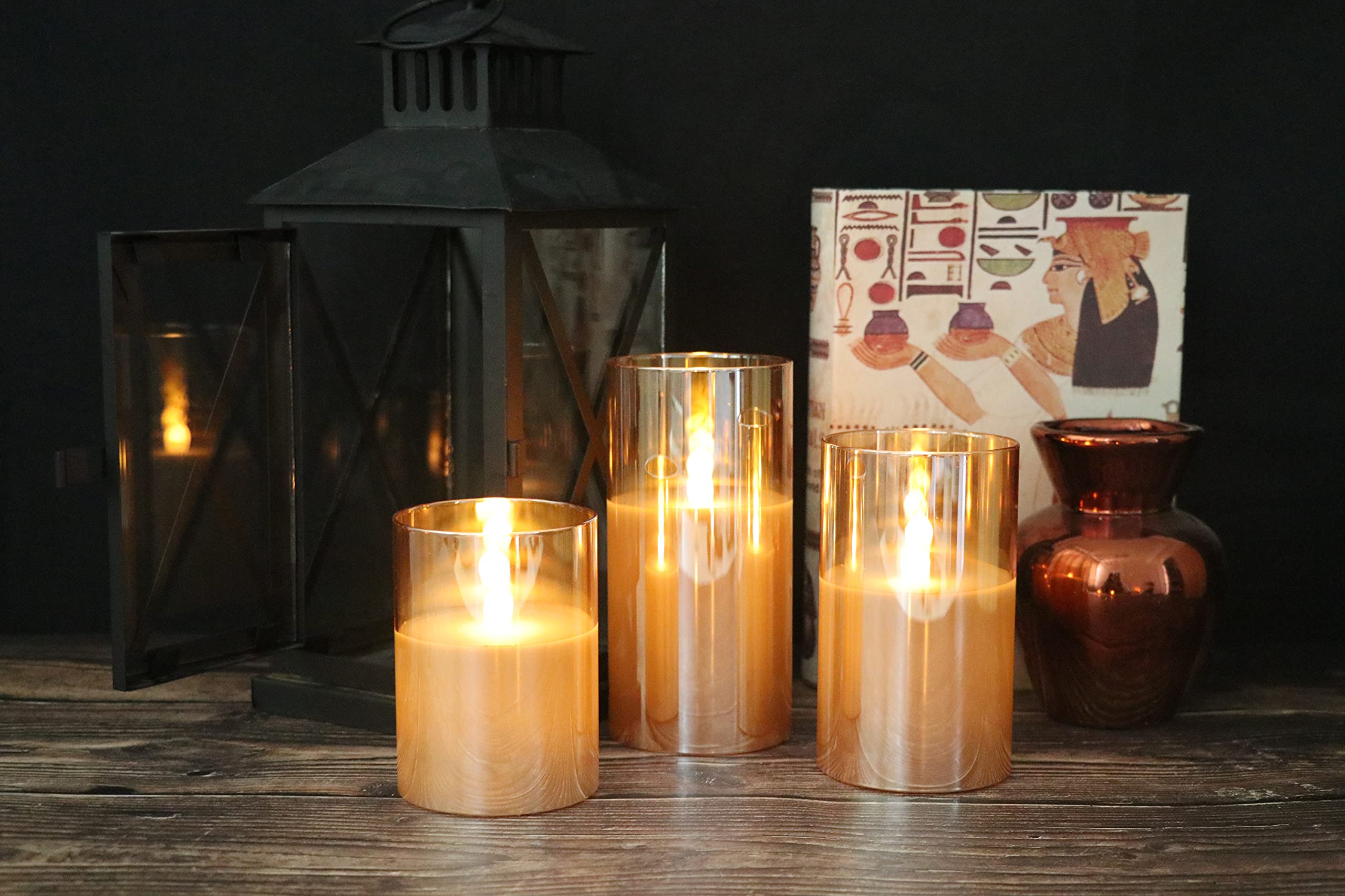 Genswin Gold Glass Battery Operated Flameless Led Candles With 10 Key Remote And Timer, Real Wax Candles Warm White Flickering L