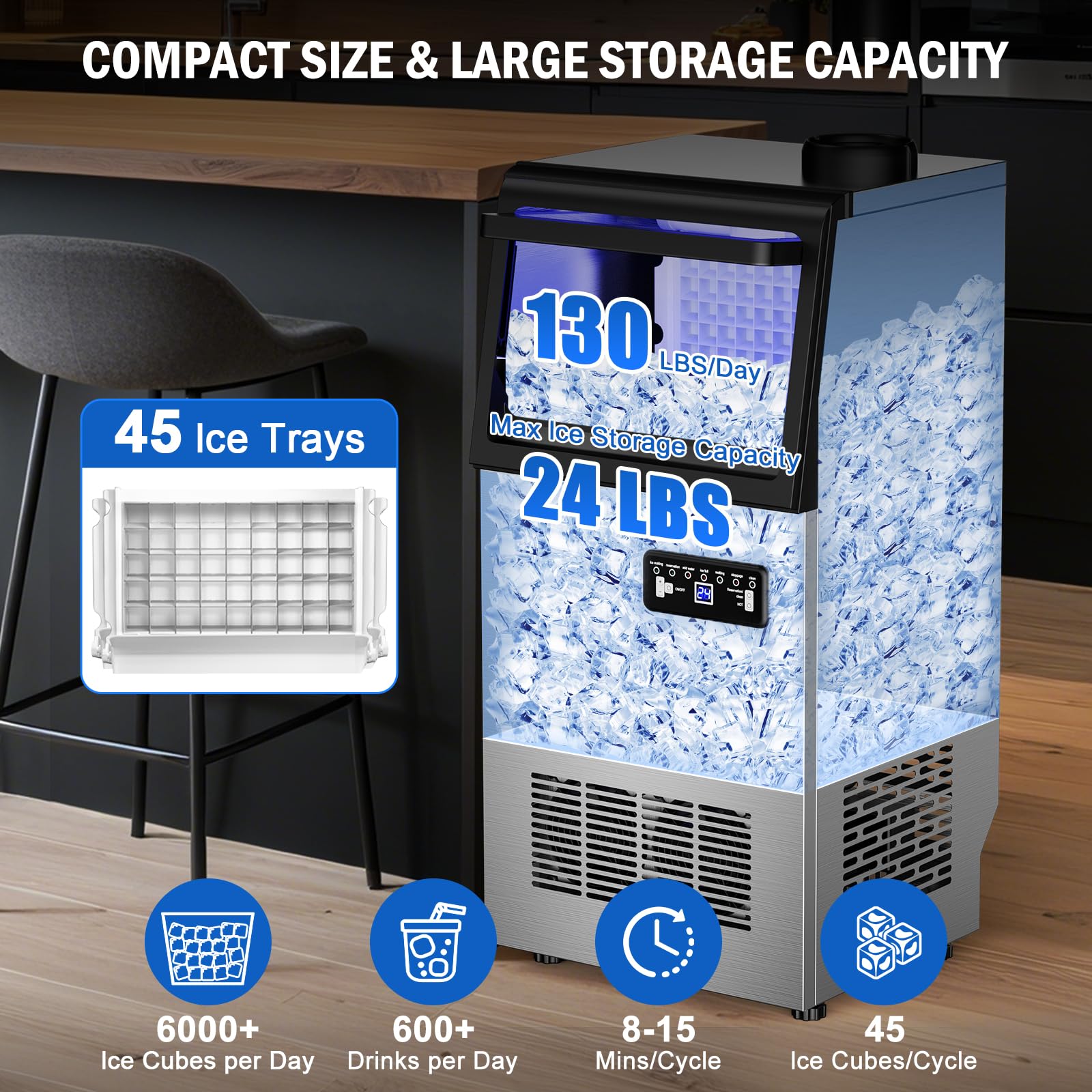 Commercial Ice Maker Machine 130 Lbs/24H, 45 Ice Trays Freestanding & Undercounter Ice Machine Stainless Steel With 20 Lbs Ice S