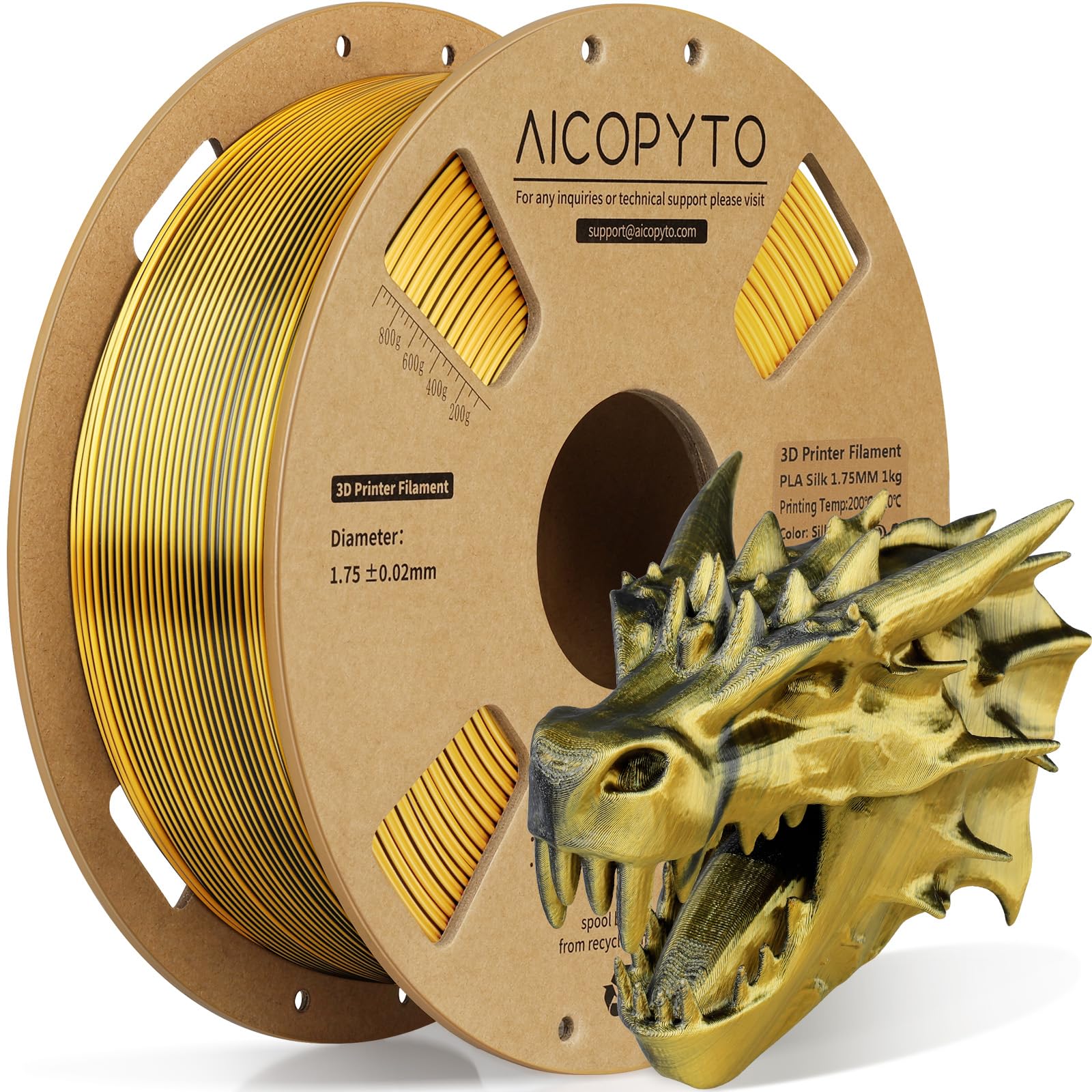 AICOPYTO Dual Color Silk PLA 3D Printer Filament 1.75mm,Dual Color 2-in-1 Gold-Black Silk Filament 1KG Spool (2.2lbs) Dimensiona