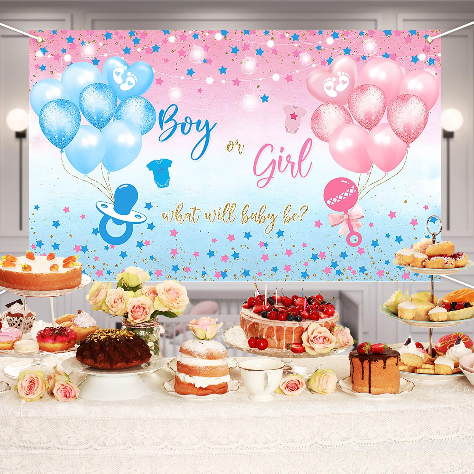 Avezano Gender Reveal Backdrop Boy Or Girl Sign Banner Blue And Pink Stars Dots Balloon Theme Baby Gender Reveal Party Decoratio