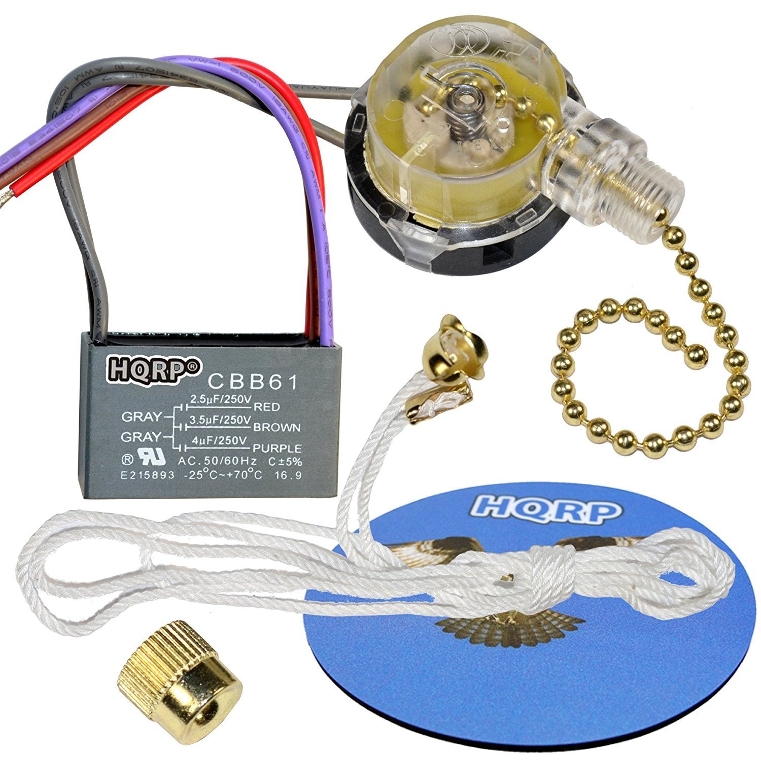 Hqrp Kit Ceiling Fan Capacitor Cbb61 2.5Uf+3.5Uf+4Uf 5 Wire Ul Listed And 3 Speed Fan Switch