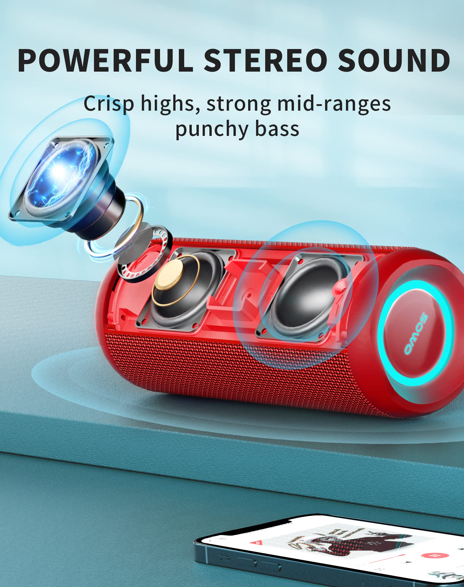 SOWO Waterproof Bluetooth Speaker, 25W Loud Sound & Punchy Bass, Portable Red Speaker for Beach, Party & Travel