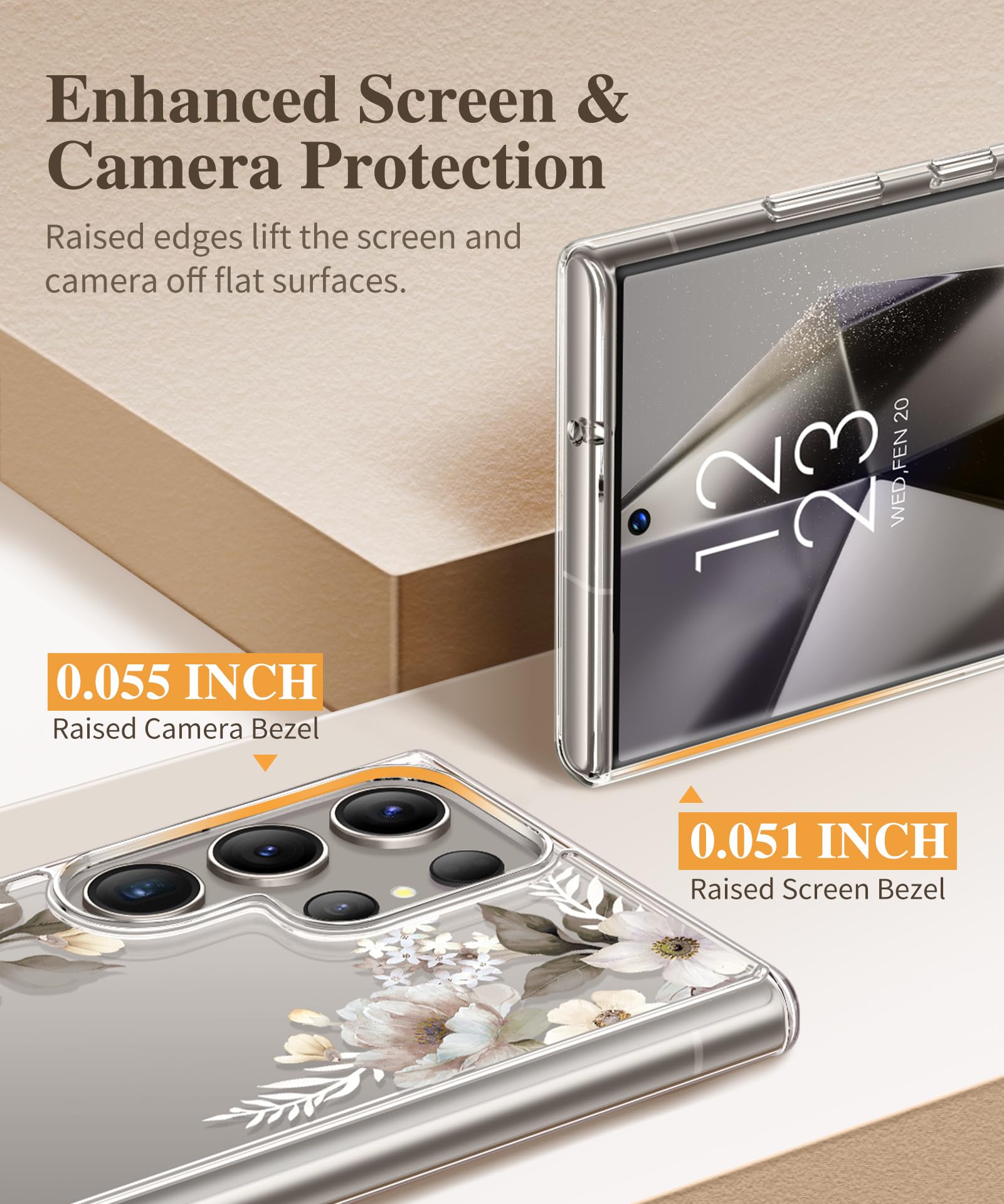 Gviewin For Samsung Galaxy S24 Ultra Case With Screen Protector+Camera Protector, [Mil Grade Drop Protection] Floral Clear Slim