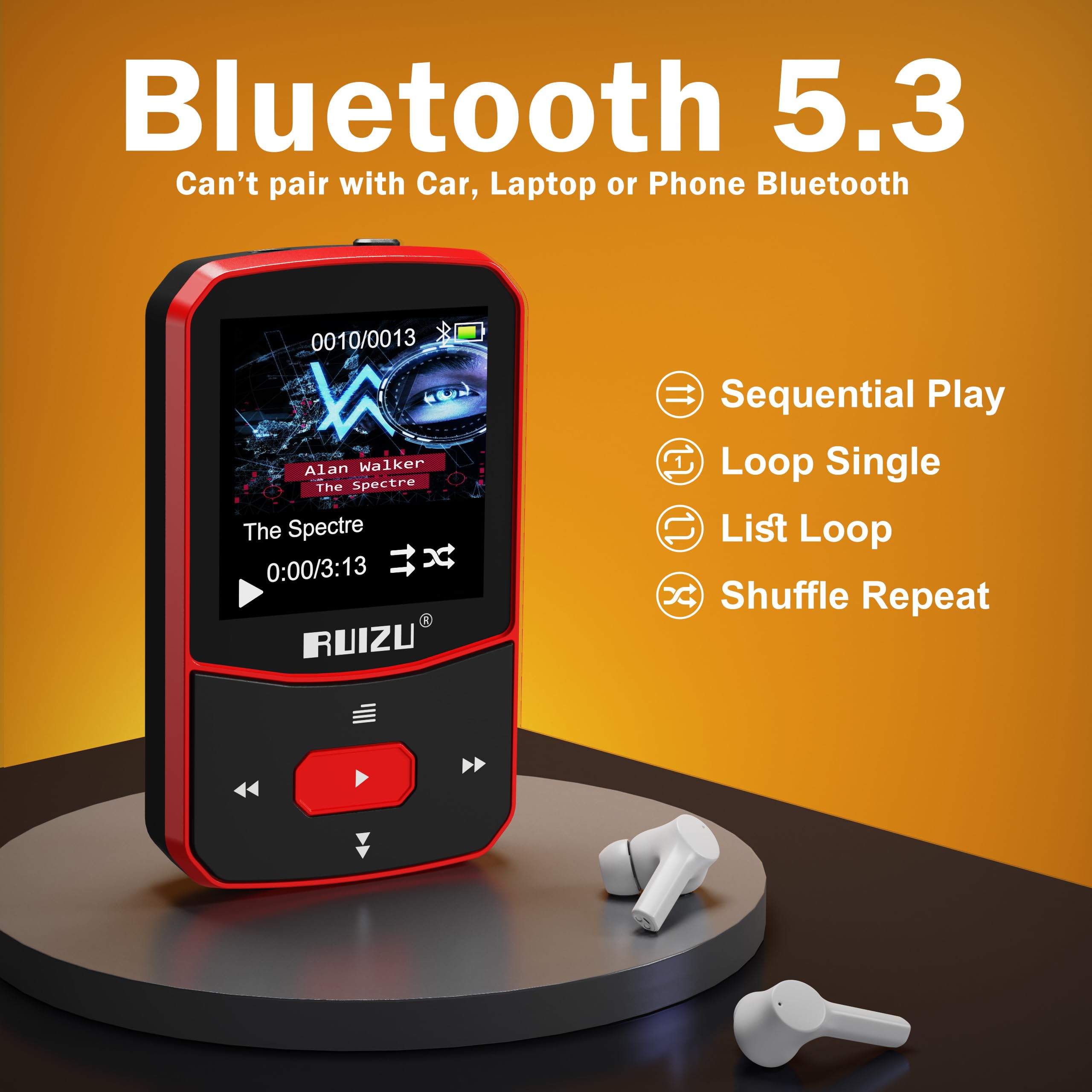 Ruizu 64Gb Clip Mp3 Player With Bluetooth 5.3, Portable Music Player With Voice Recorder For Sports Running, Fm Radio, Pedometer, A B Repeat, Audio Shuffle Playback, Support 128Gb Micro Sd Card, Red