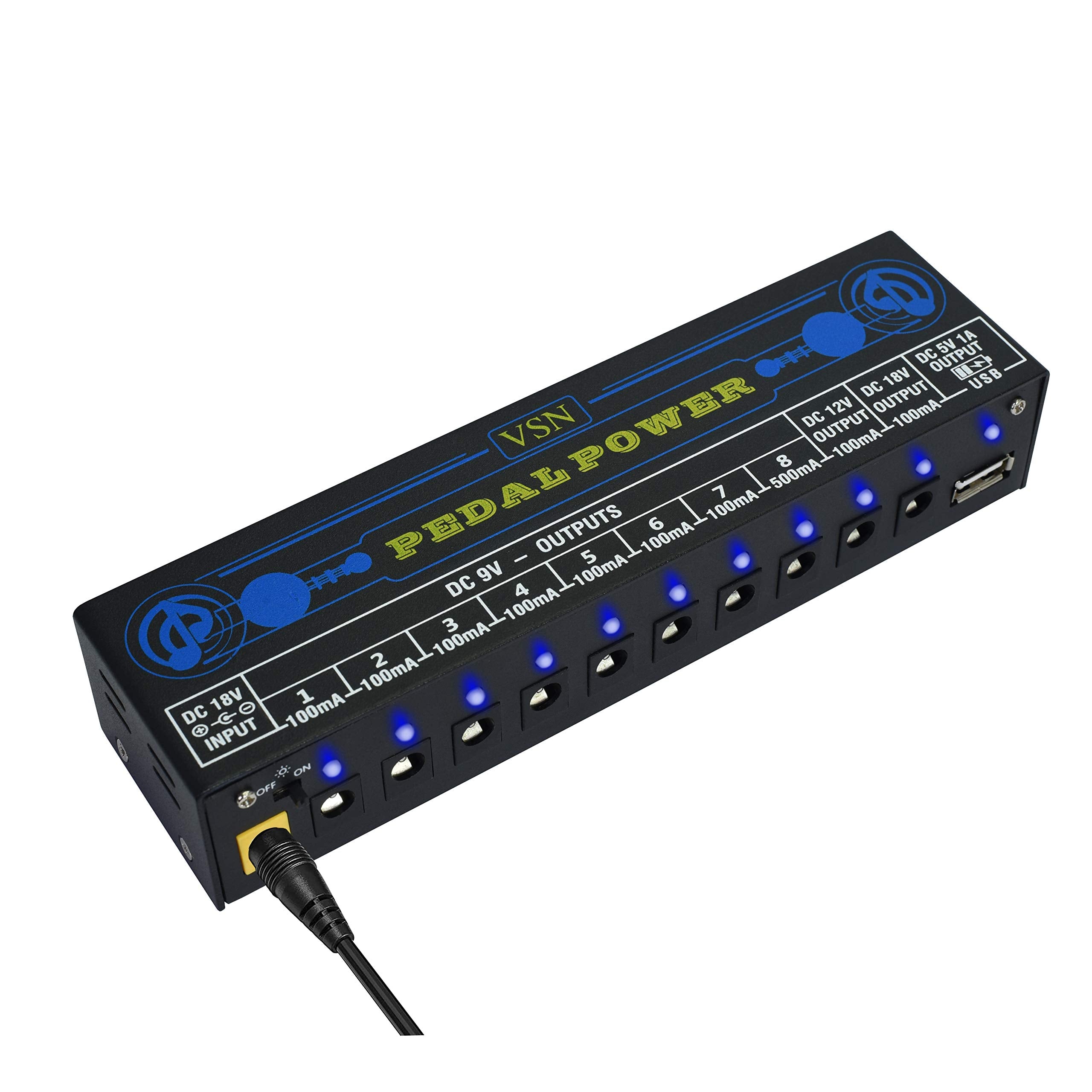 Vsn Guitar Pedal Power Supply 10 Isolated Dc Output For 9V/12V/18V Guitar Bass Effect Pedals With Usb Ports