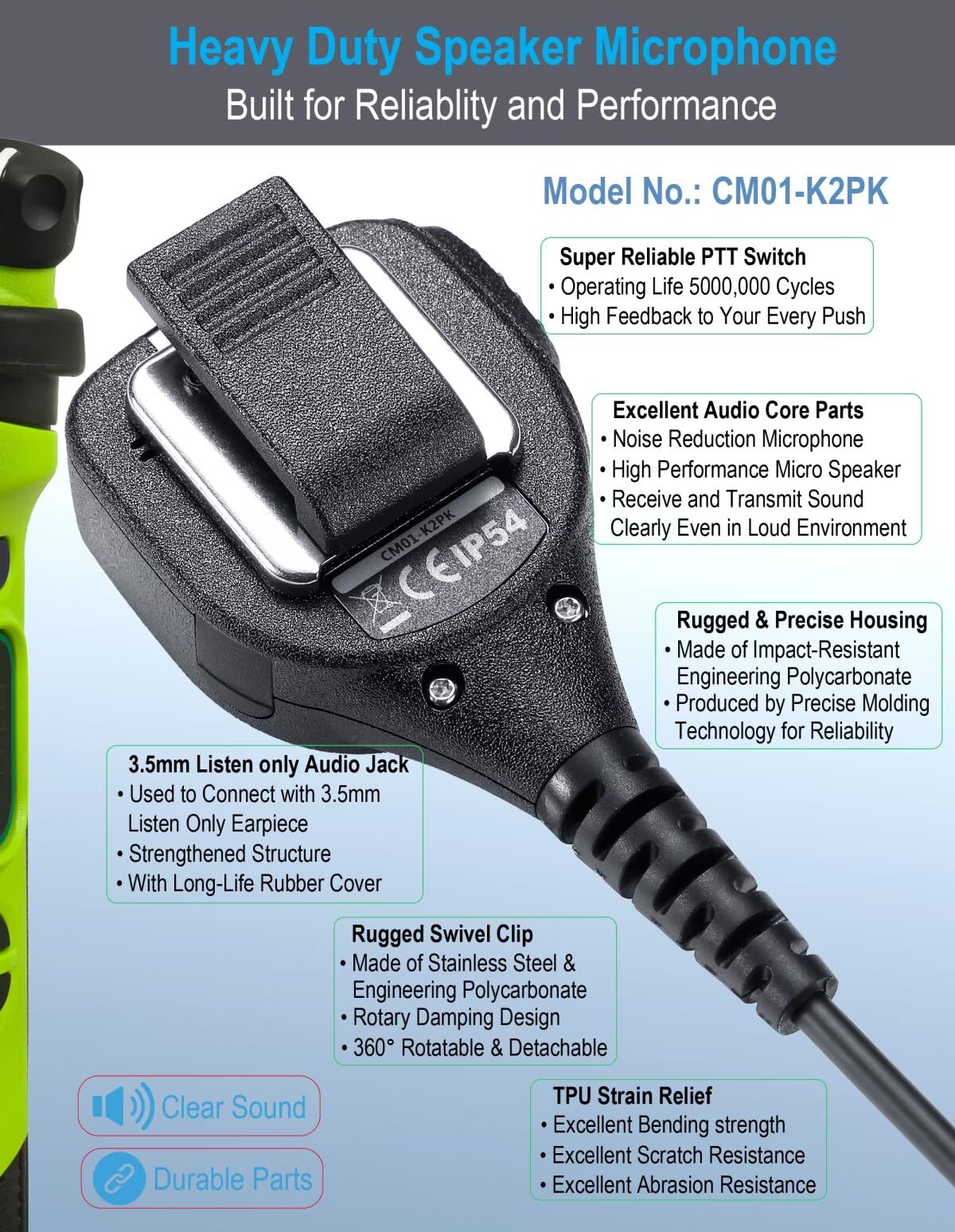 Commountain Speaker Mic Compatible With Kenwood Radios Nx 1200 Nx 1300 (P1300 3320 P1300Nuk P1302Auk Th D74A Tk 3170 Tk 3402 (2170 2312 3312 3360) Kmc 45D Kmc 21, 2 Pin Shoulder Microphone