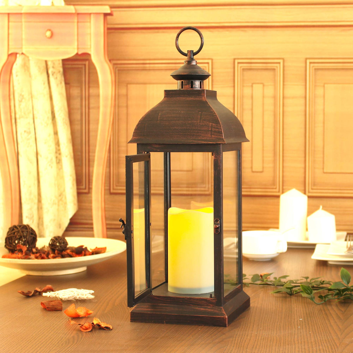 Wralwayslx 15 Inch H The Door-Open Decorative Lantern With Flameless Led Candle Light, Outdoor/Indoor Led Lantern, Wtith Timer C